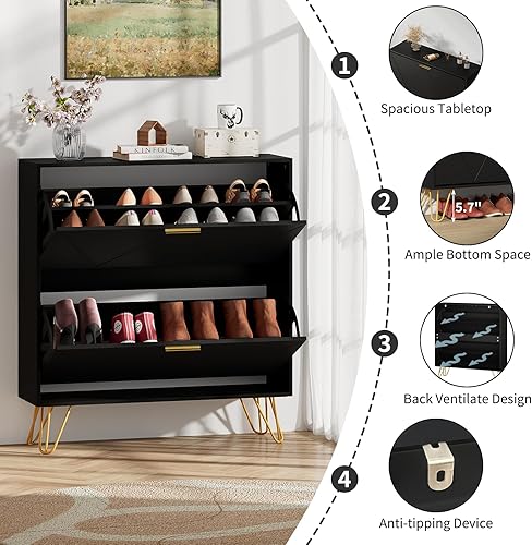 Vista 12 de JOZZBY Armario de zapatos para entrada, armario de almacenamiento de zapatos estrecho negro con 2 cajones abatibles y estantes abiertos, organizador