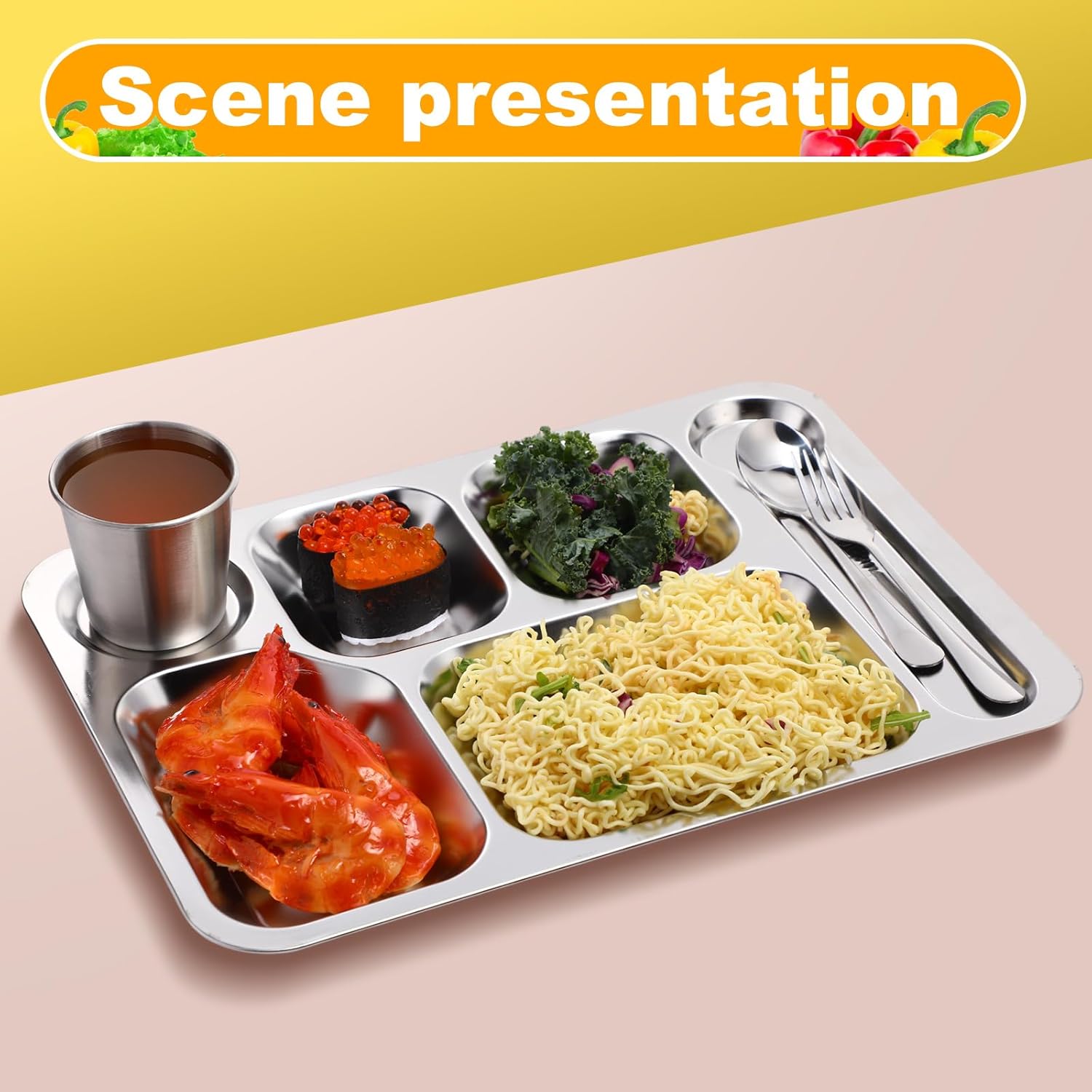 20 Pcs Stainless Steel Plates Bowls Cups Spoons Forks 304 Stainless Steel Dinnerware Set Divided Plates Dinner Tray for Home Kitchen Restaurant(6 Compartment) - Image 4