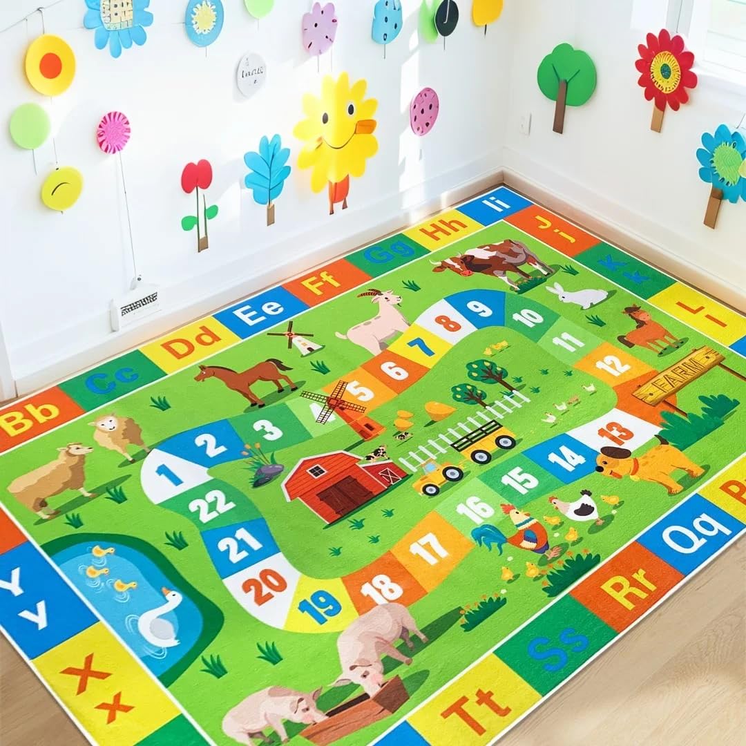 Lacomfy Kids Rug Farm Carpet 4x6Ft, ABC Animal Play Mat for Boys Girls Bedroom Classroom Playroom Nursery, Alphabet Number Educational Learning Area Rug, Children's Rugs, Indoor Decor, Washable