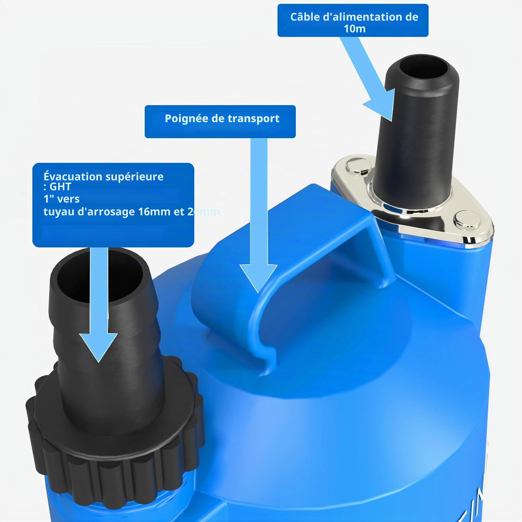 FOTING Pompe d’évacuation, Moteur 200W, Débit 4 000 L/h, Hauteur de refoulement max : 5 m, Profondeur d’immersion max : 7 m, Taille particules max : 5 mm