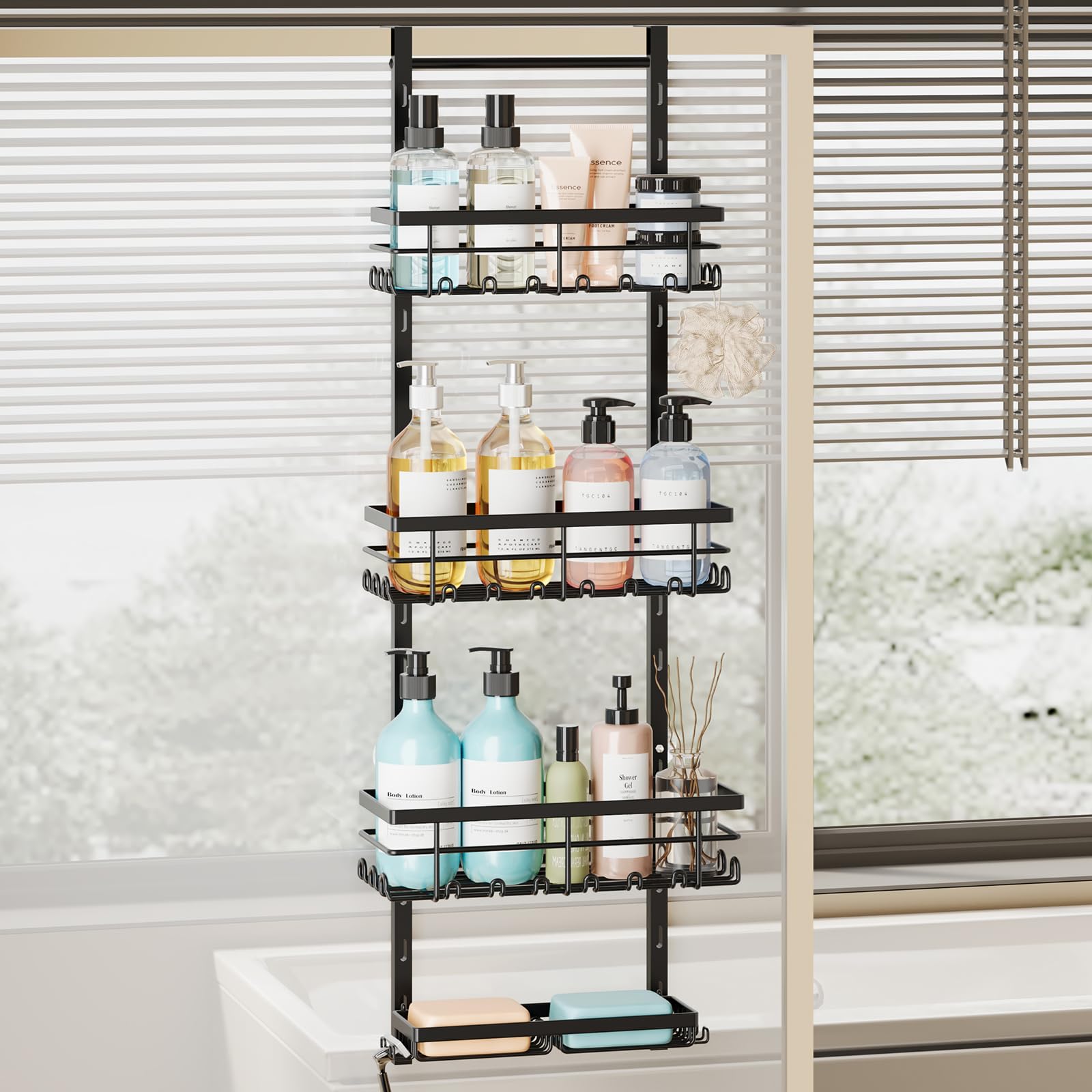 SWTYMIKI Over The Door Shower Caddy - 4 Tier Rustproof Hanging Shower Organizer with Adjustable Shelves 40 Hooks