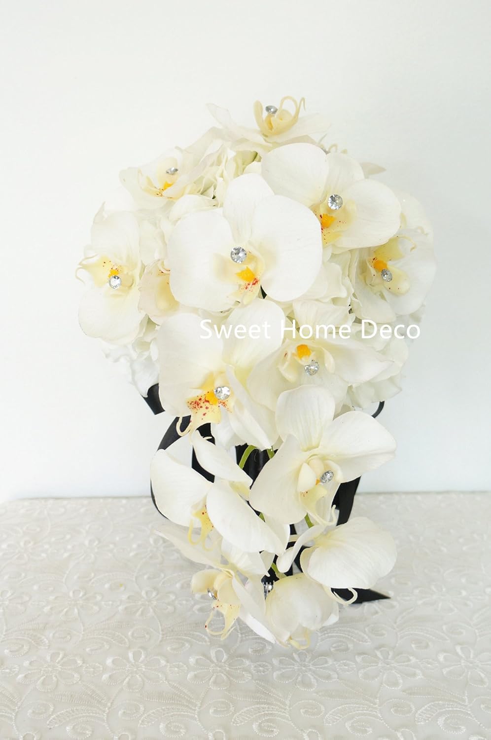 Sweet Home Deco Gel Coated Real Touch Phanaenopsis Orchid Hydrangea Diamond Wedding Bouquet Package Bridal Bouquet Bridesmaid Bouquet Boutonniere (White/Black-Cascading Bridal Bouquet)