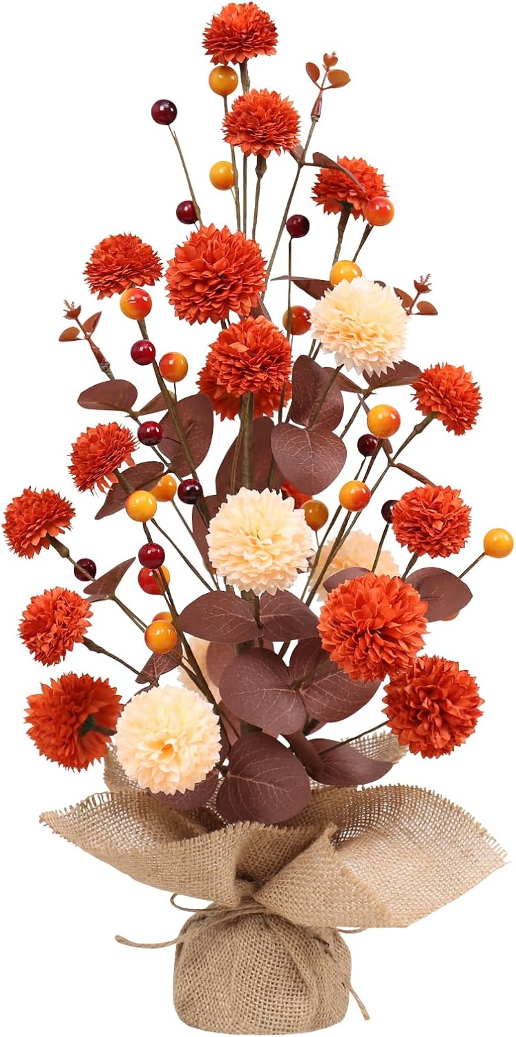 Fall Decor, 18 Inch Artificial Chrysanthemums Berry Tree Table Decorations Fall Fake Mums Flowers, for Autumn Harvest Thanksgiving Home Indoor Party Decor - Orange/Beige.