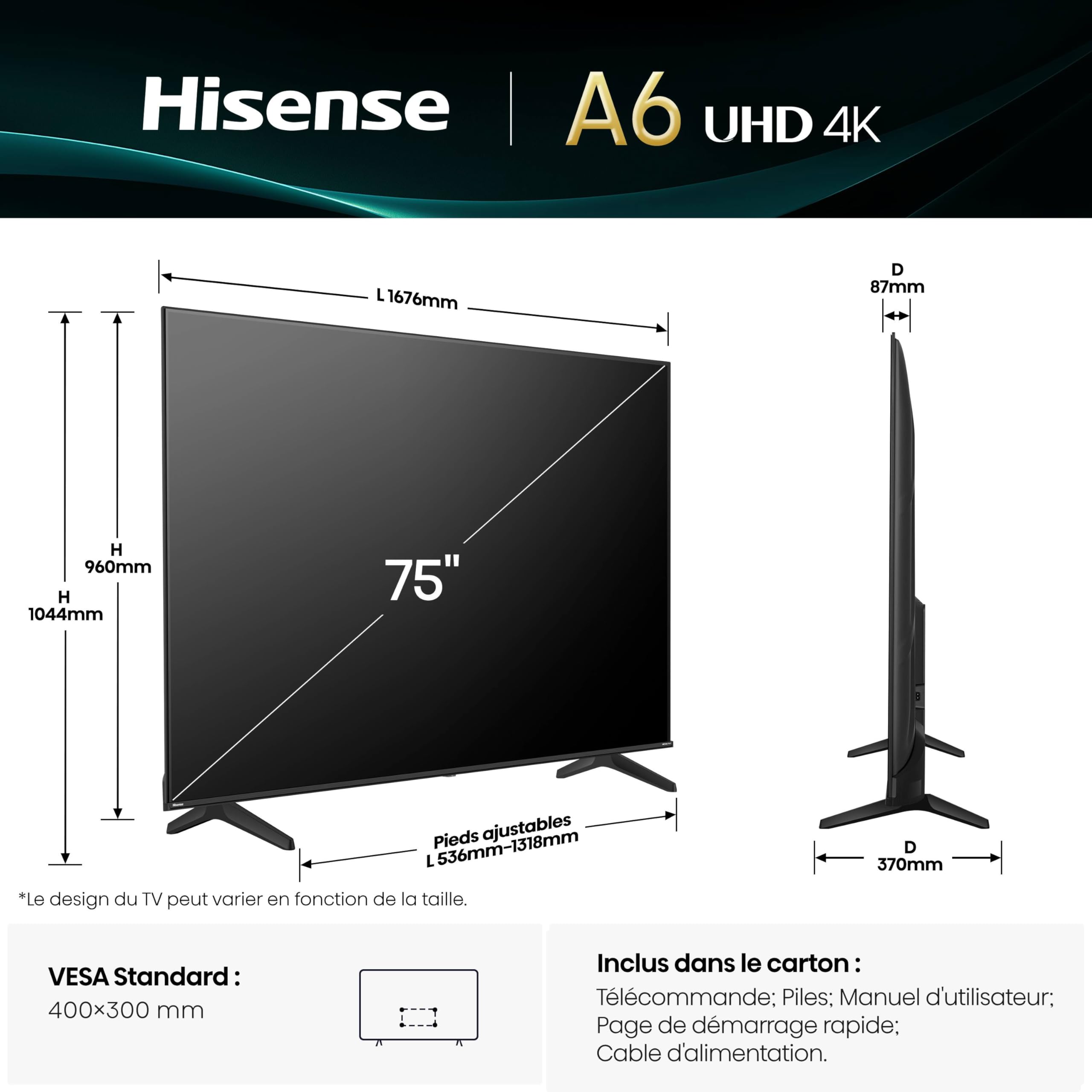 Hisense Smart TV 75 Pouces 75A6Q 4K UHD, Dolby Vision, HDR, VIDAA avec Youtube, Netflix, Disney+, Canal + (modèle 2025)