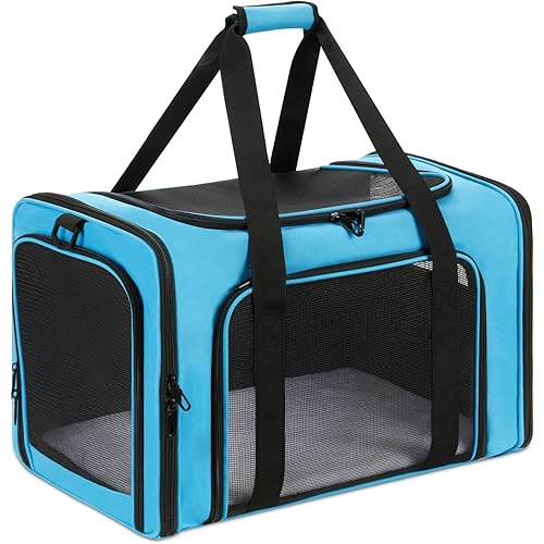 Large Cat Carrier, Echohana Airline Approved Cat Carriers for Medium Cats Under 25, Soft Cat Carrier for 2 Cats with Upgrade Zippers Reflective Strip, Collapsible Pet Carrier for Cat Puppy (L-Blue)