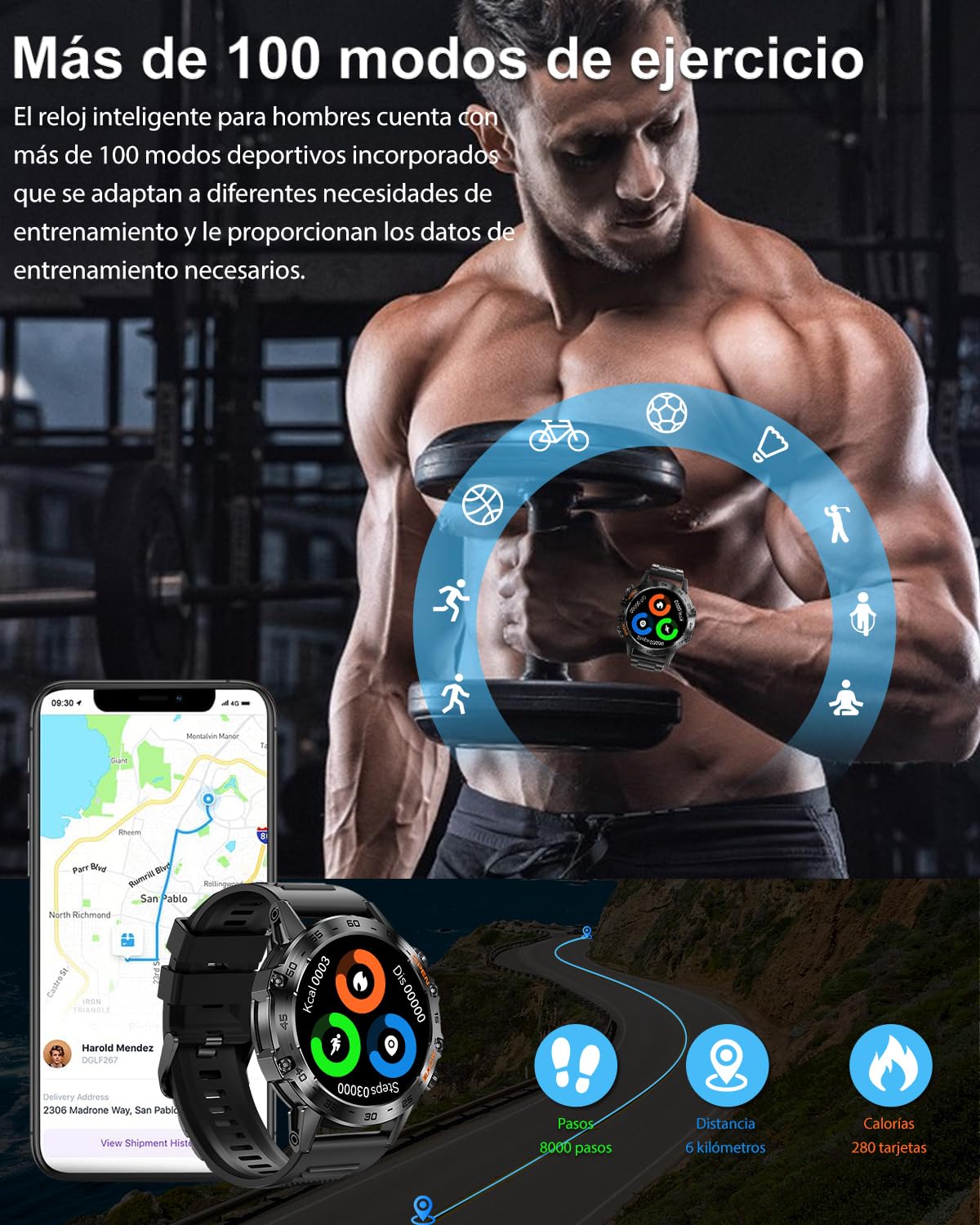 Reloj inteligente militar para hombres, reloj táctico resistente de 1.39" con monitor de salud, rastreador de actividad con 108 modos deportivos para Android e iOS.