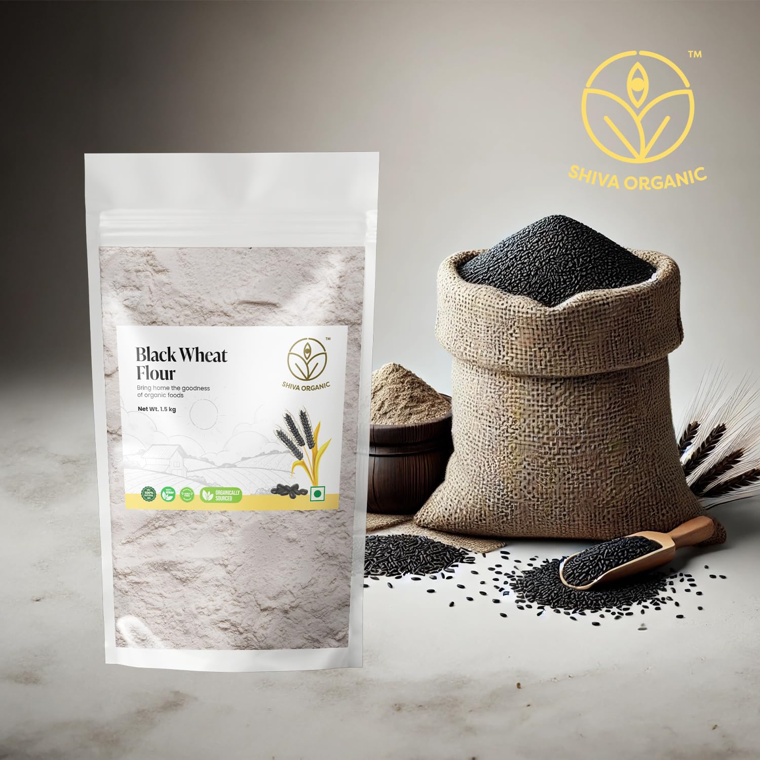 Shiva Organic Black Wheat Atta - 1.5 kg | High Fiber, Low Gluten Ancient Grain with Abundant Bran