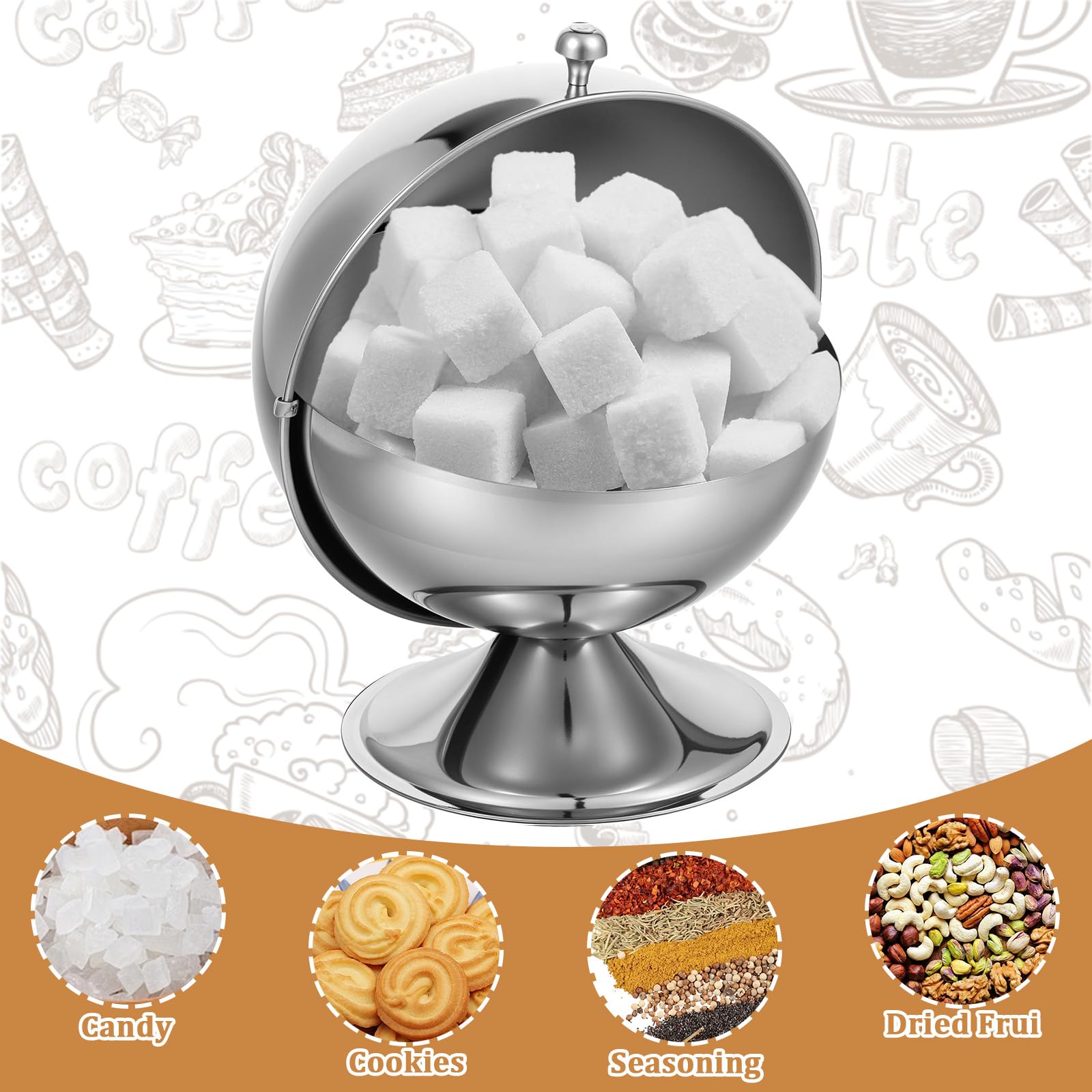 Sucrier en acier inoxydable avec couvercle enroulable - Bol à bonbons sphérique en acier inoxydable avec pince à sucre de 11,9 cm - Support de cube de sucre - Pot à bonbons - Pour la maison, la