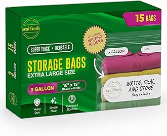 3 Gallon Large Plastic Storage Bags – 16" x 18" (15 Count) – Reusuable XXL Extra Large Heavy Duty Clear Jumbo Freezer Zip Lock Bags with Sealable Zipper Top For Clothes, Travel, Moving
