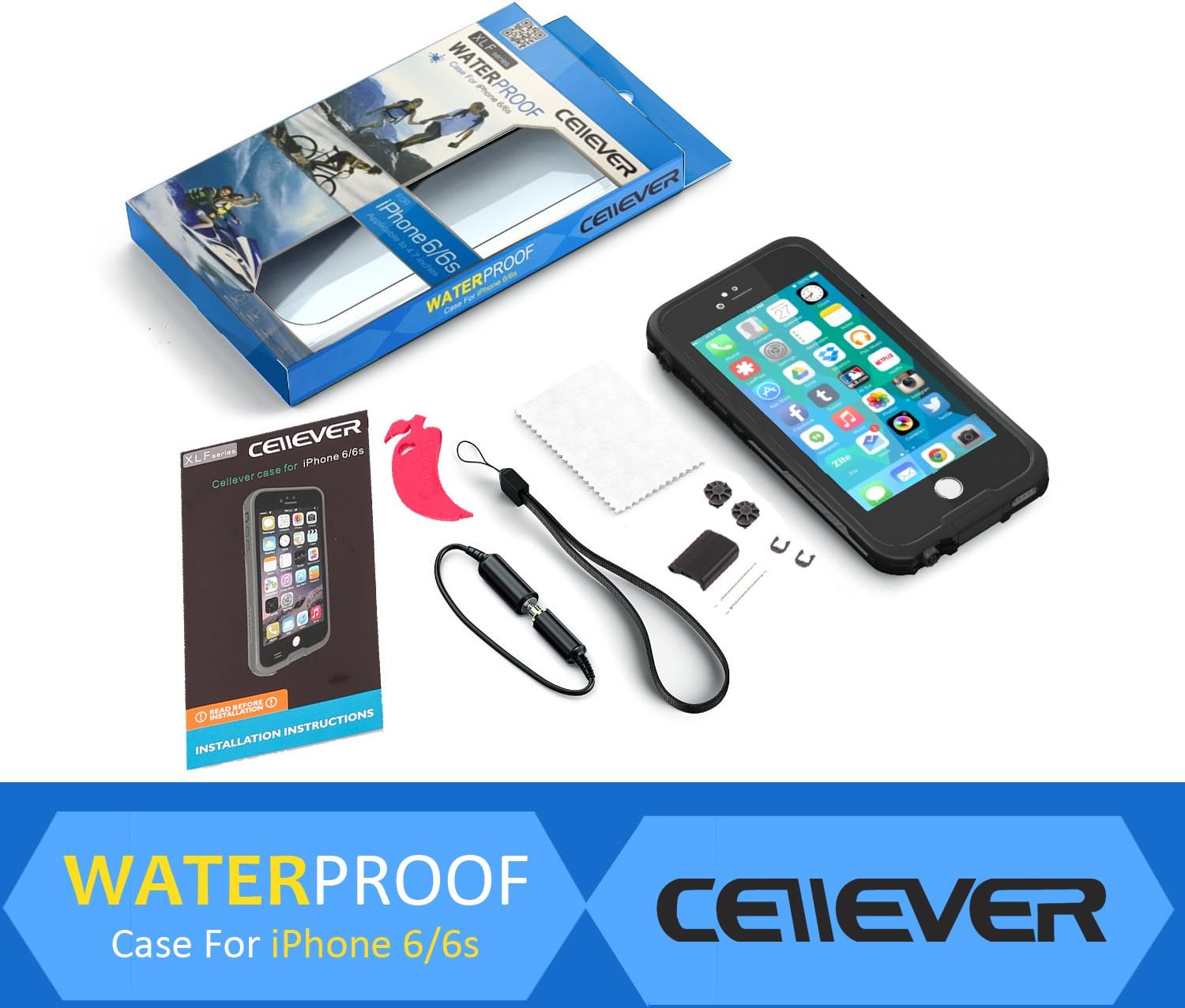 CellEver iPhone 6 / 6s Case Waterproof Shockproof IP68 Certified SandProof SnowProof Full Body Protective Cover Fits Apple iPhone 6 and iPhone 6s (4.7") - (Black)