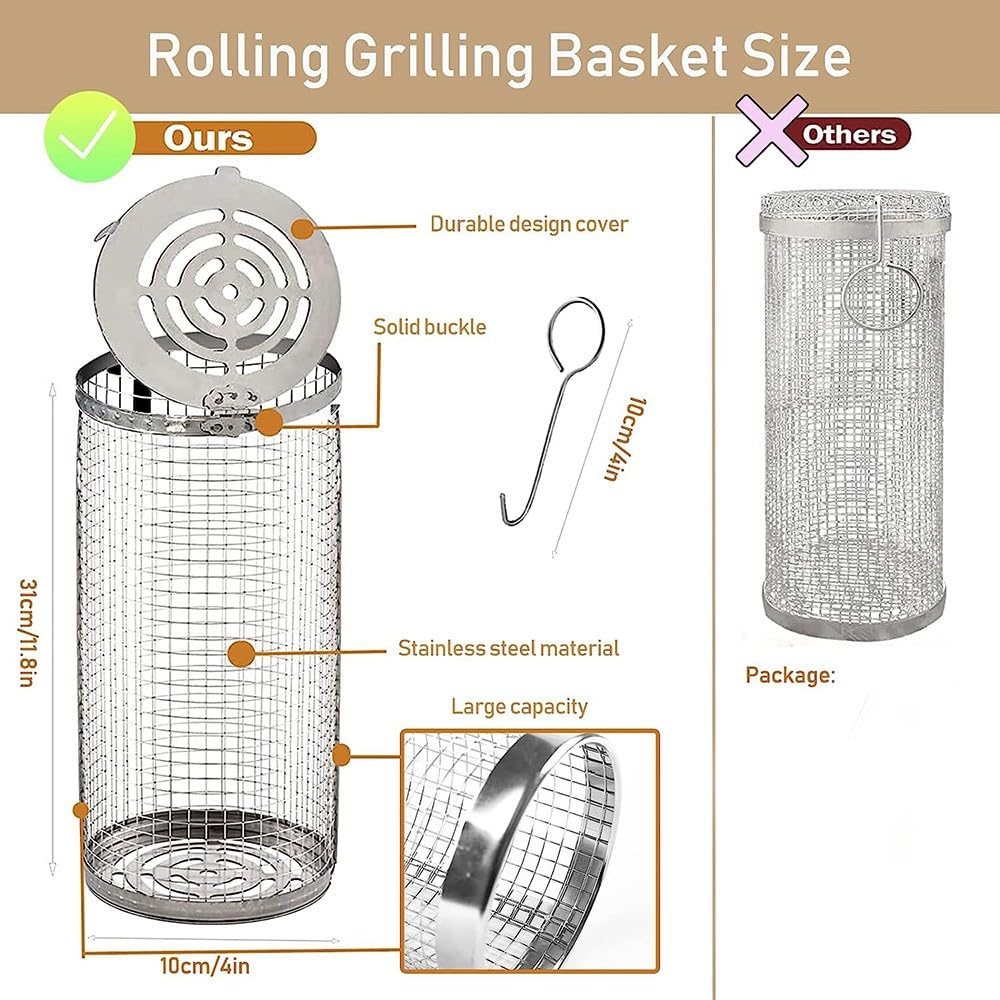 Cestino cilindrico per barbecue, Cestello per Griglia Rotante, Cestello per Barbecue in Acciaio Inossidabile, Cestini per Grigliare pentole per Grigliare Verdure Pesce Carne 4pc,30cm