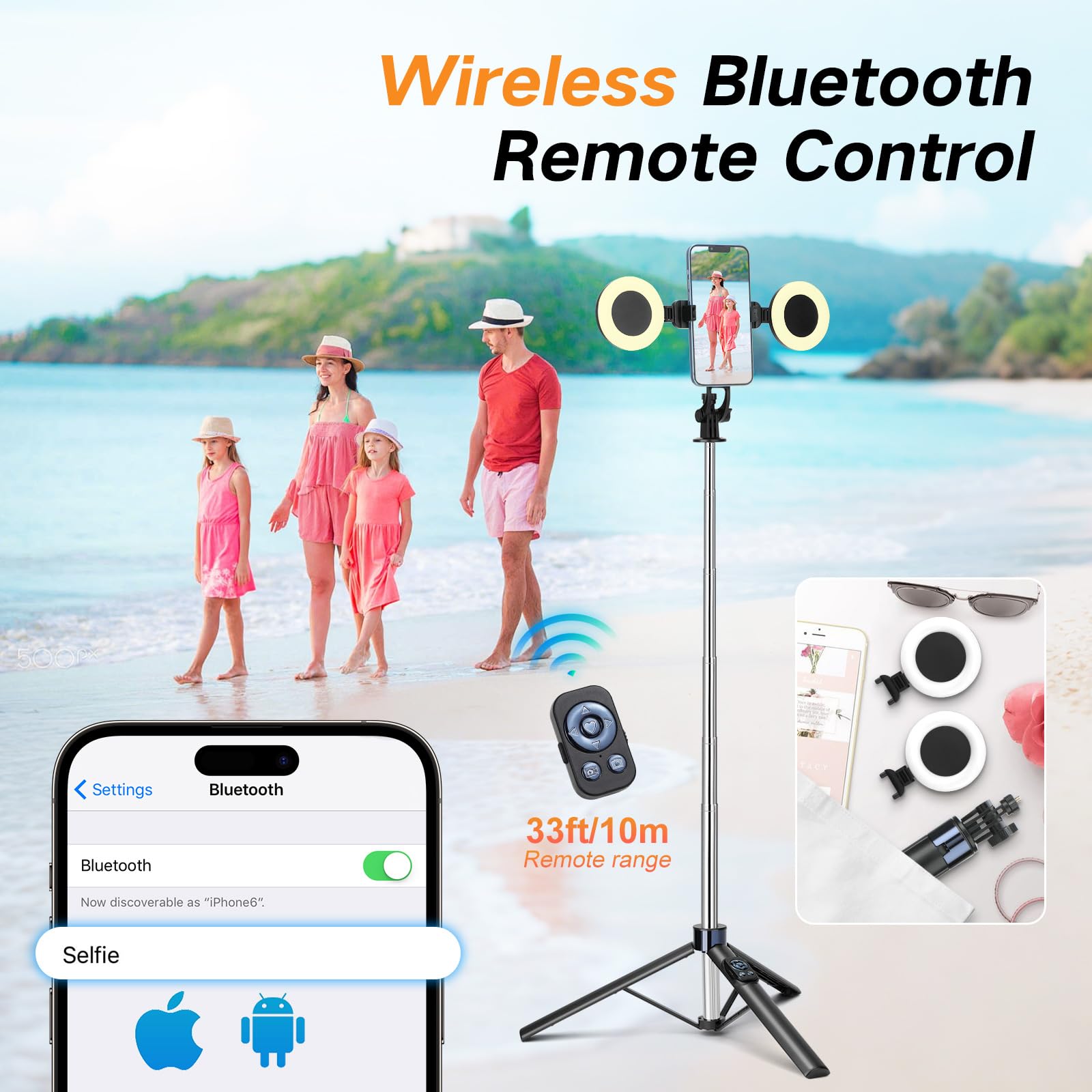 Treppiede per telefono da 70 pollici e bastone per selfie con luce, treppiede in metallo con telecomando wireless, treppiede portatile da viaggio per iPhone/Android e GoPro