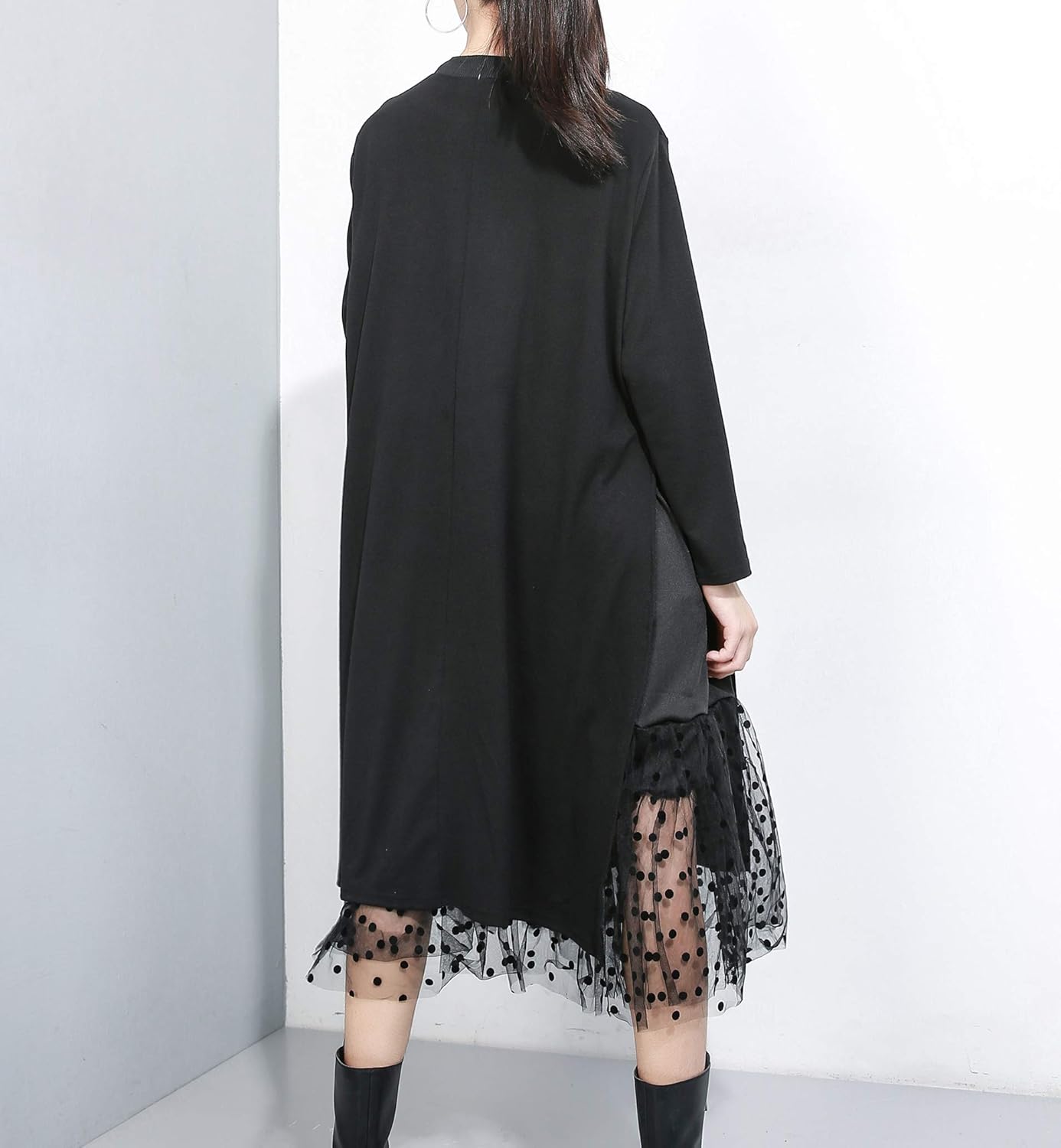 ellazhu Women's Fall Long-Sleeved All-Black T-Shirt Dress with Lace Hemline GY2022 - Image 2