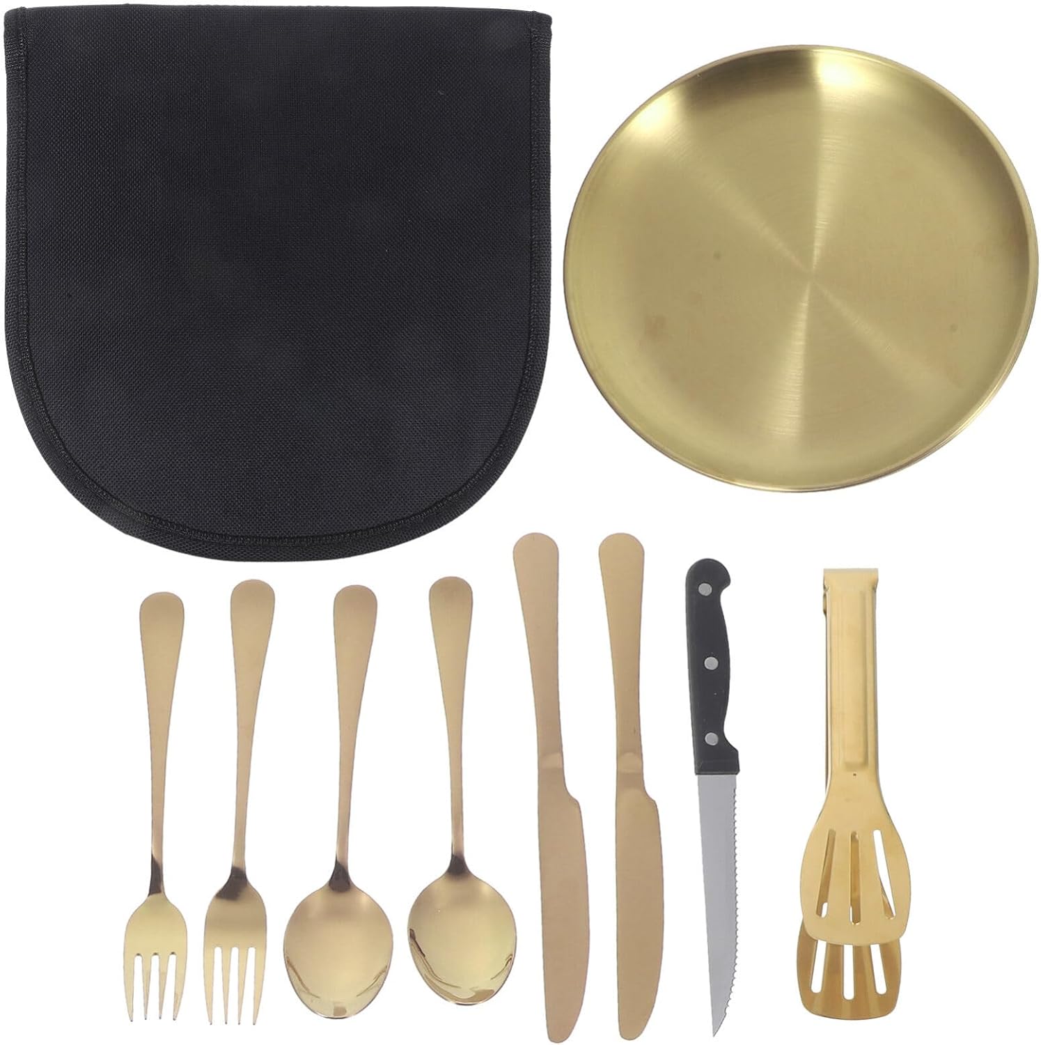 1set Stainless Steel Camping Utensil Portable Travel Cutlery Kit with Serving Spoon Storage Bag Sleek Design for Outdoor Dining Easy to Clean