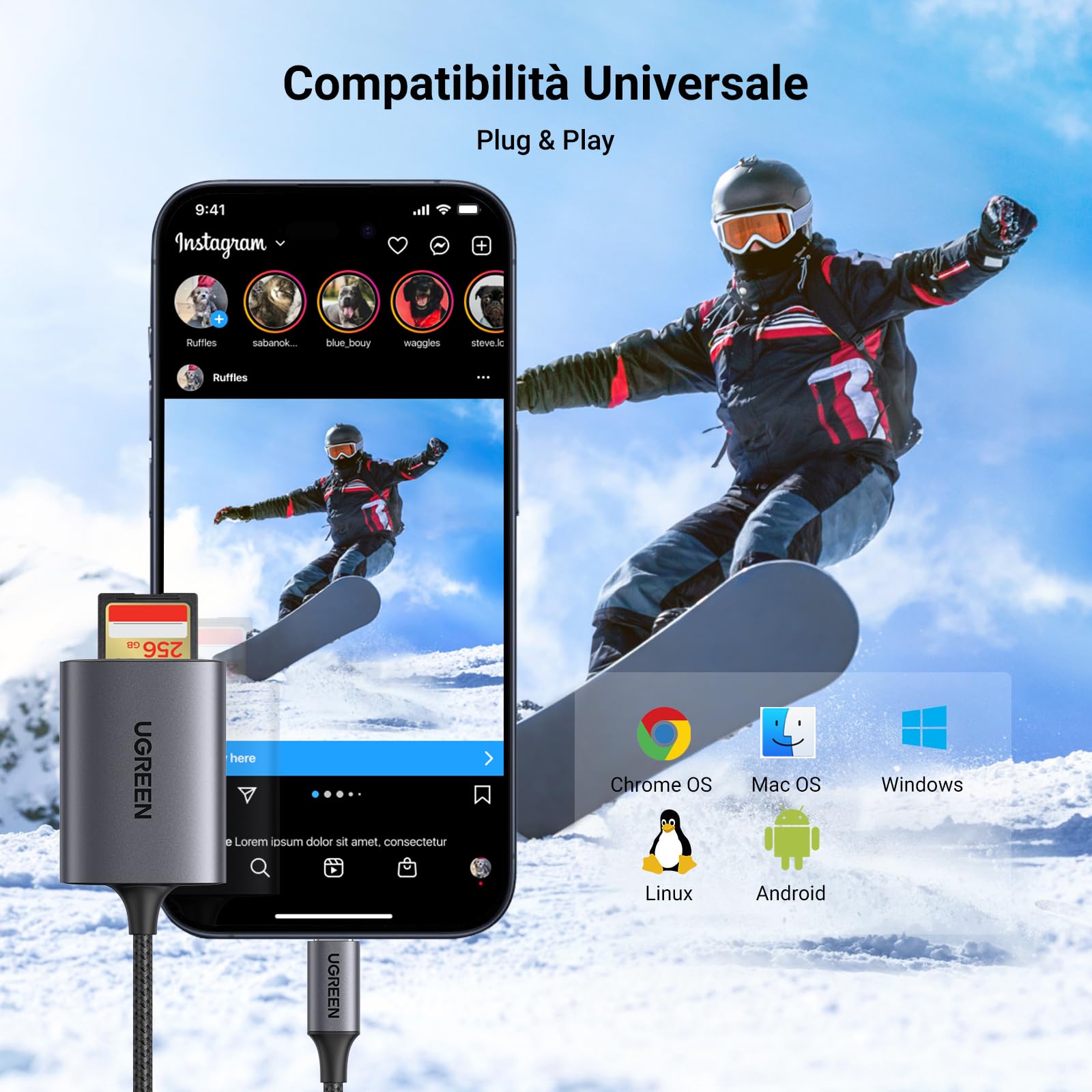 UGREEN USB C 3.0 Lettore di Schede SD TF Adattatore Micro SD OTG in Allumino Card Reader Compatibile con iPad Pro 2022 MacBook Pro Air 2023 iPhone 16 15 Plus Pro Max Galaxy S24 Xiaomi 13 Huawei P50