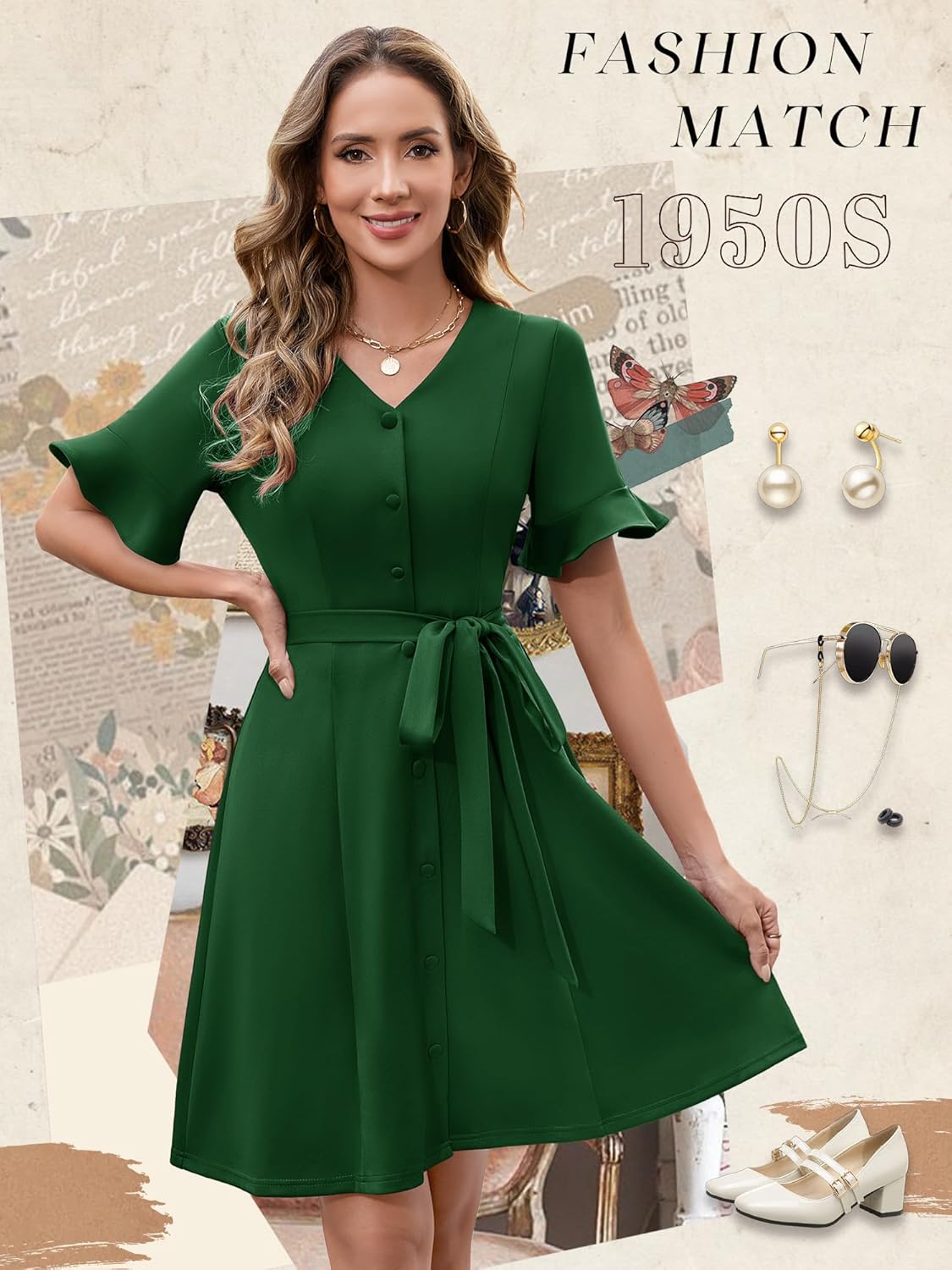 Vintage Cocktail Dresses for Women Wedding Guest Semi Formal 1950s Retro Tea Party Dress Bell Sleeve Church Work Casual Dresses TMD6005 DarkGreen XL - Image 3