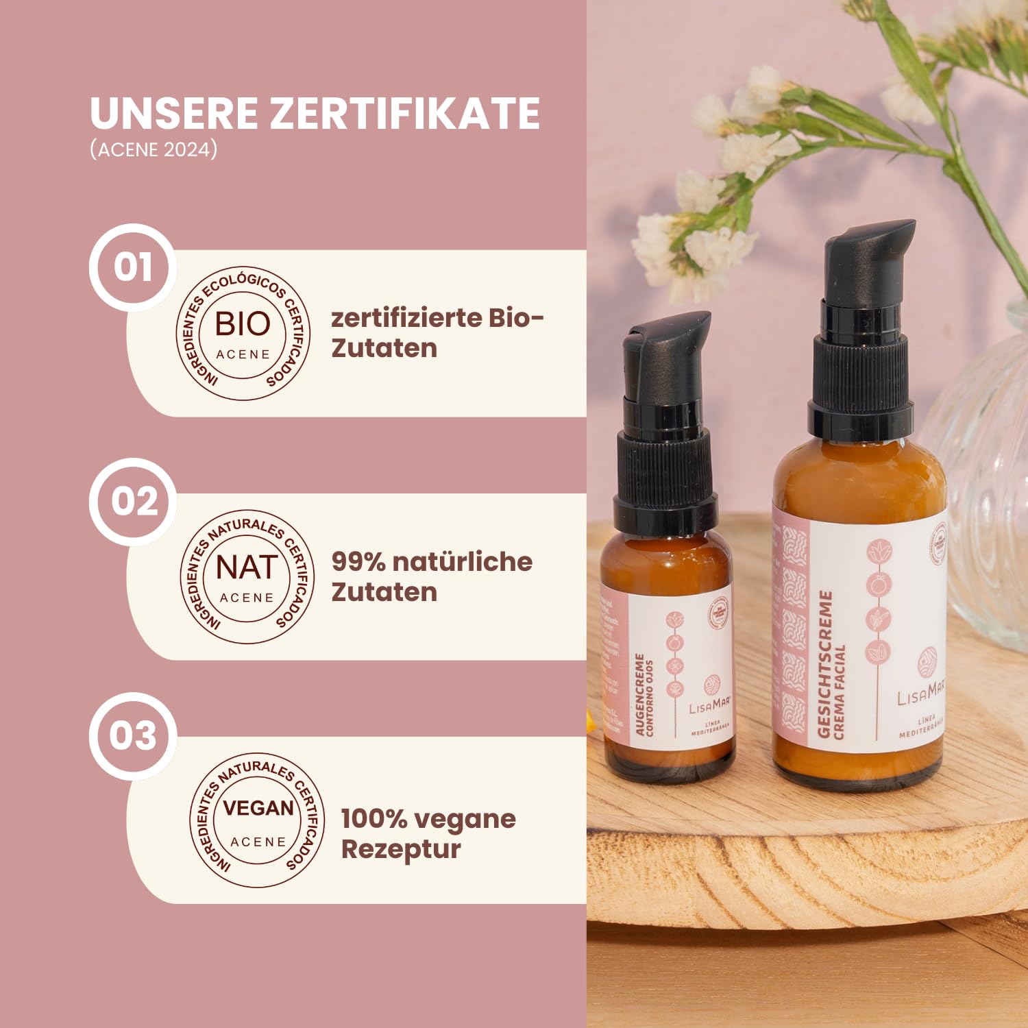 LisaMar® Naturkosmetik Set mit Gesichtscreme Anti Aging mit Hyaluron & mediterranen Ölen und Augencreme gegen Tränensäcke, Falten und Augenringe.