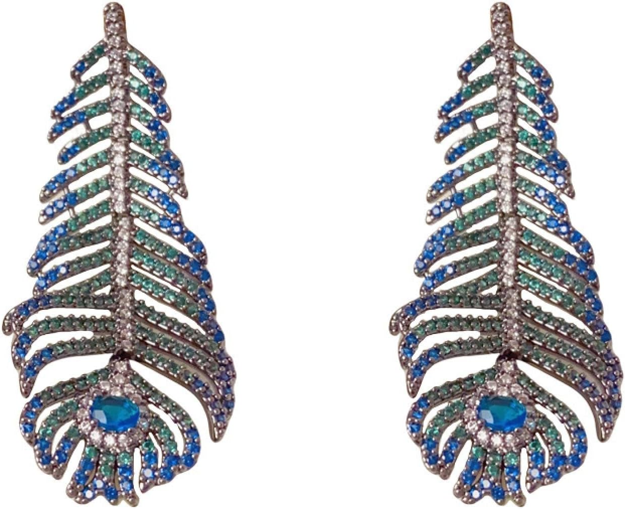Exquisite Peacock Feather Tassel Earrings with Blue-Green Gradient Diamonds - Fashionable Retro Women's Jewelry