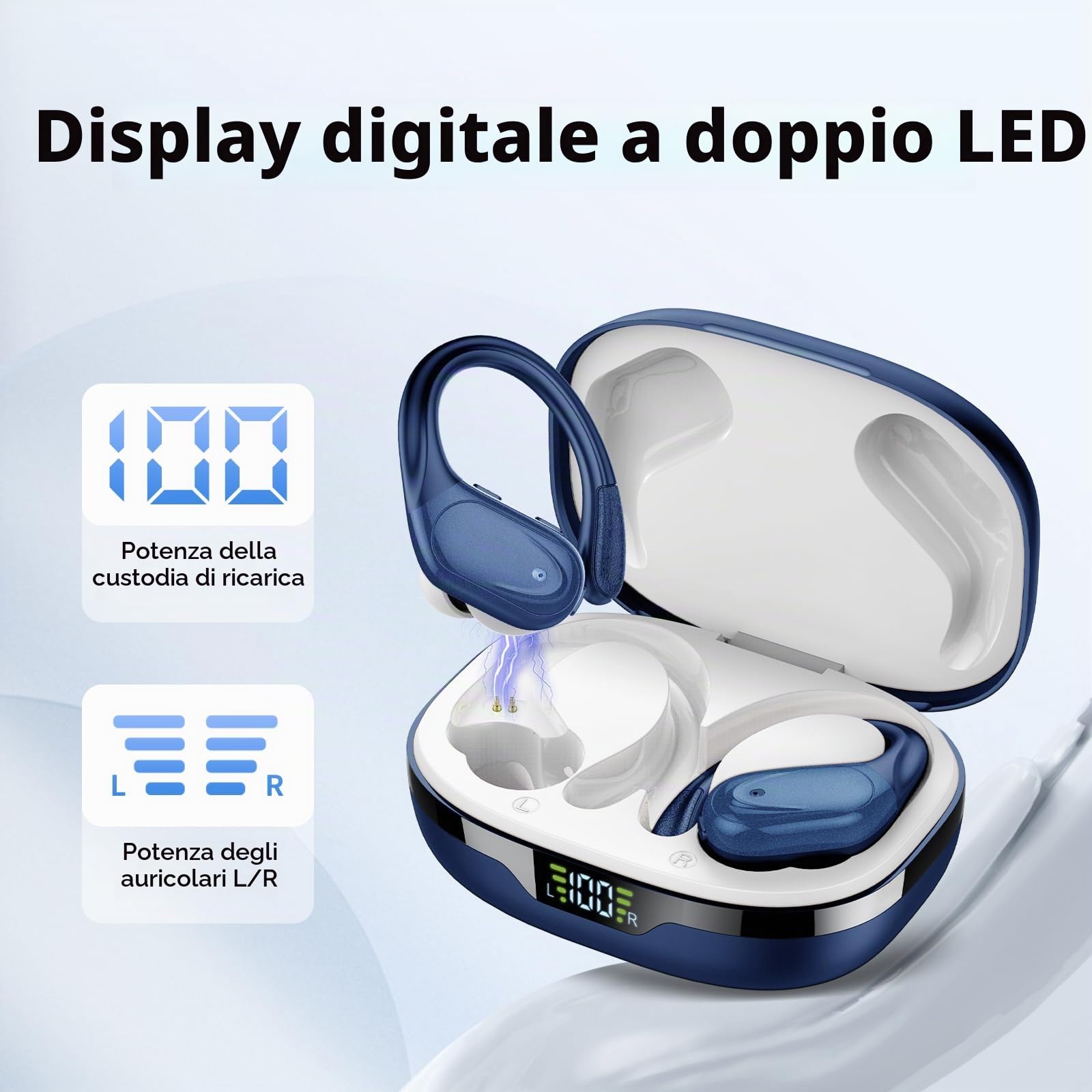 Cuffie Bluetooth, Sport Auricolari Bluetooth 5.3 con Gancio per Orecchio, 60H con Indicatore LED per Cassa di Ricarica, Chiamata ENC HD, Vestibilità Comoda, Impermeabile IPX7(Blu Profondo).