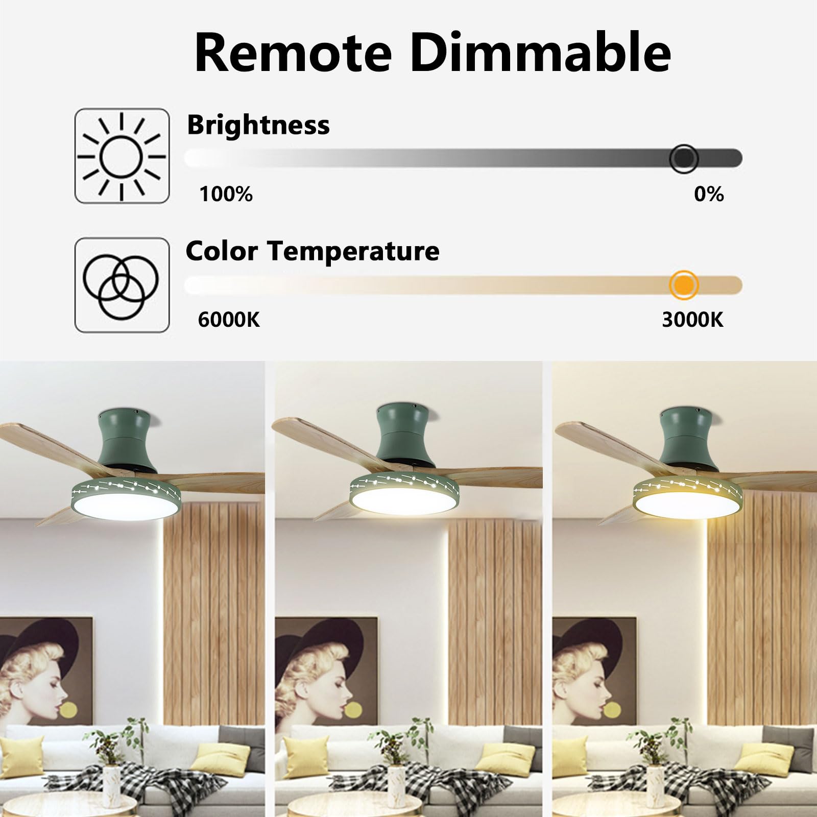 Ventilador de Techo con luz Regulable a Distancia, silencioso, con Motor de CC, Estilo nórdico, con 3 aspas de Madera, Ideal para Dormitorio, Sala de Estar, Estudio o Cualquier otr