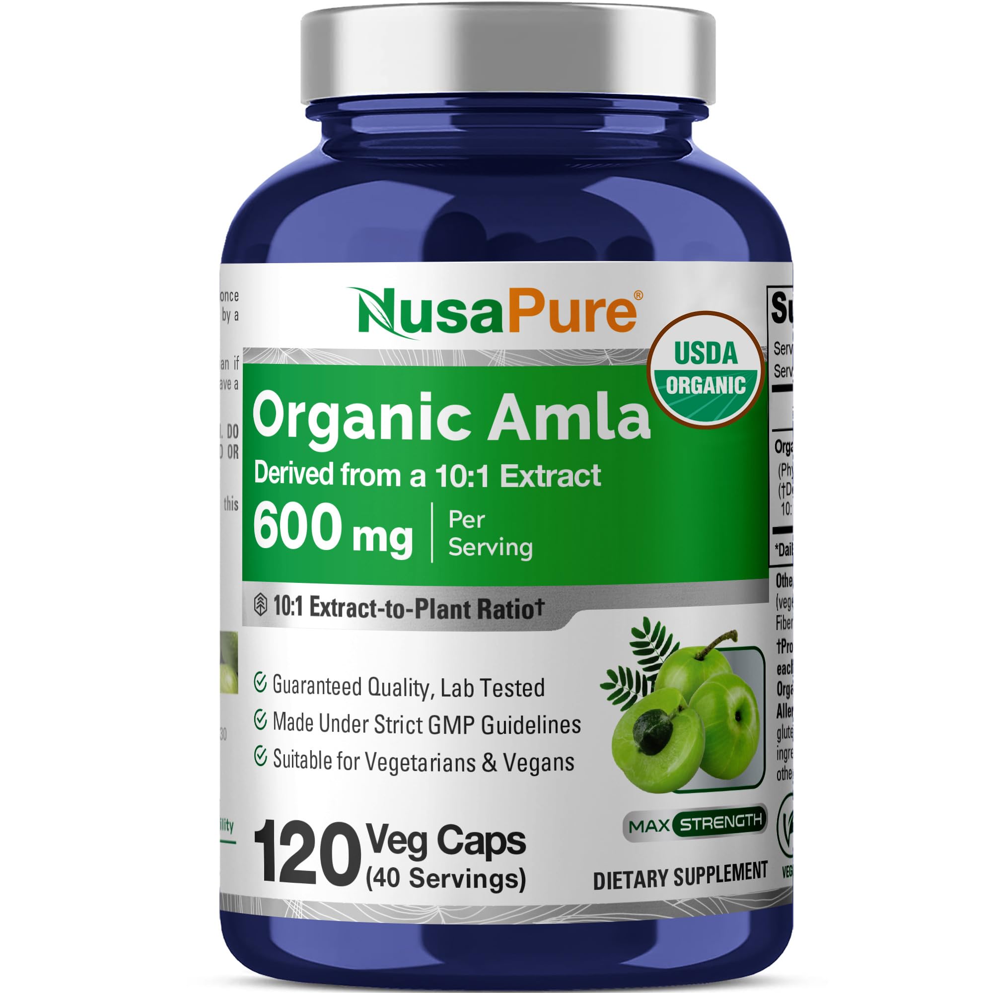 NusaPure Suplemento de Amla Orgânica, Extrato 10:1, 600 mg, 120 cápsulas veganas