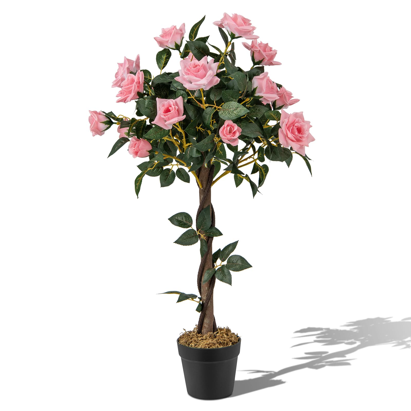 COSTWAY Albero Artificiale con Fiori, Albero di Fiori Finti da 93 CM con Rose, Vaso, Tronco in Legno Reale, Senza Manutenzione, Pianta Finta in Vaso per Ufficio, Casa e Portico
