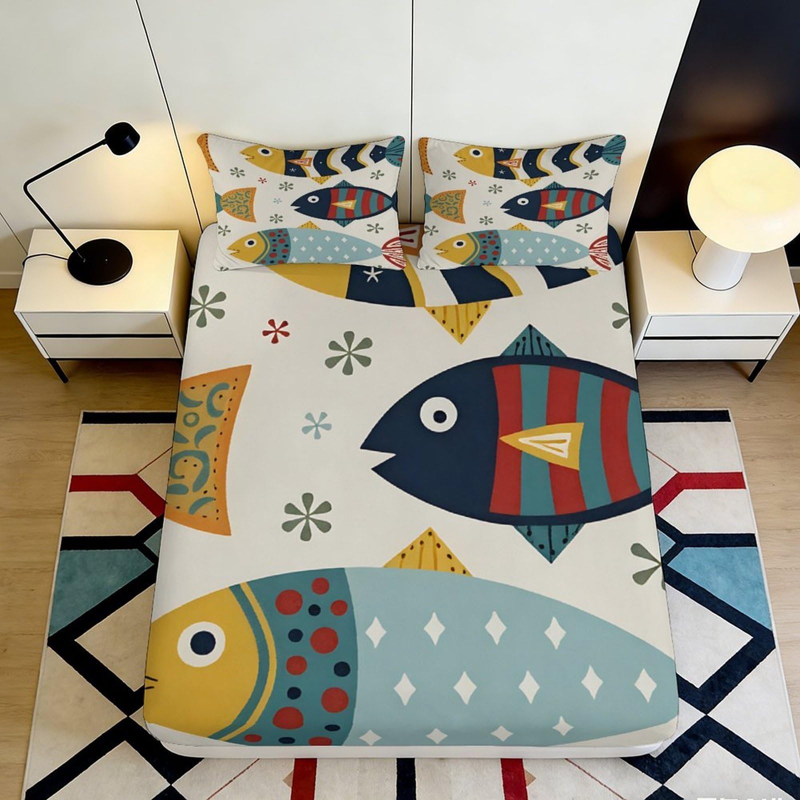 3D Printed Fish Pattern Fitted Sheet Microfiber Soft Colorful Cartoon Aquatic Mattress Cover for Bedroom Guest Room 90x200x25cm