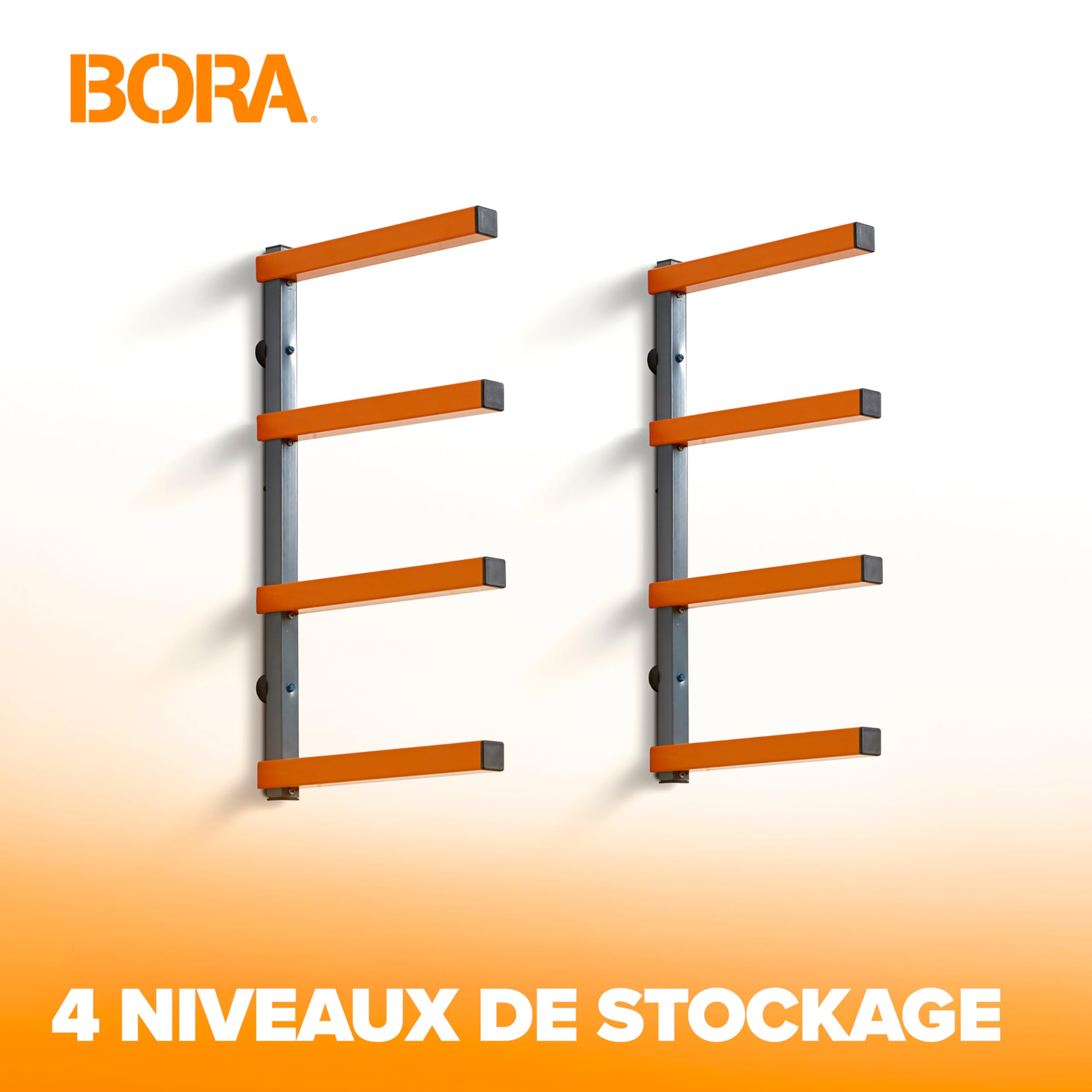 BORA Rangement Mural Bois 4 Niveaux – Étagère Murale Garage pour Planches, Tuyaux, Échelles, Outils – Capacité 200 kg