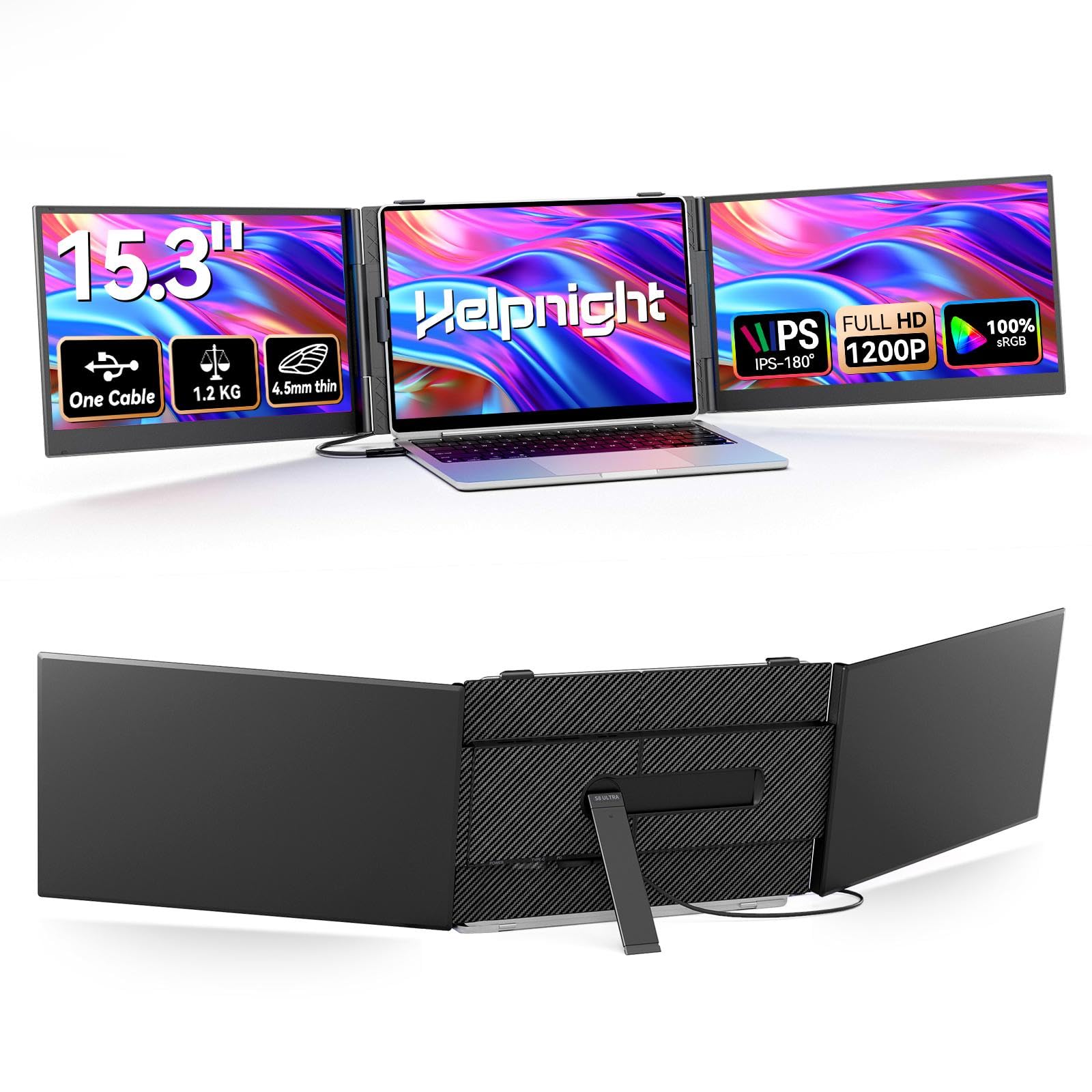 15.3" Laptop Triple Screen Extender Portable, One Cable Connection Laptop Monitor FHD 1080P IPS, Ultra Thin Dual Monitor for 13-17" Laptops, Plug &amp; Play Compatiable with Win/Mac/Chrome/Android/Switch