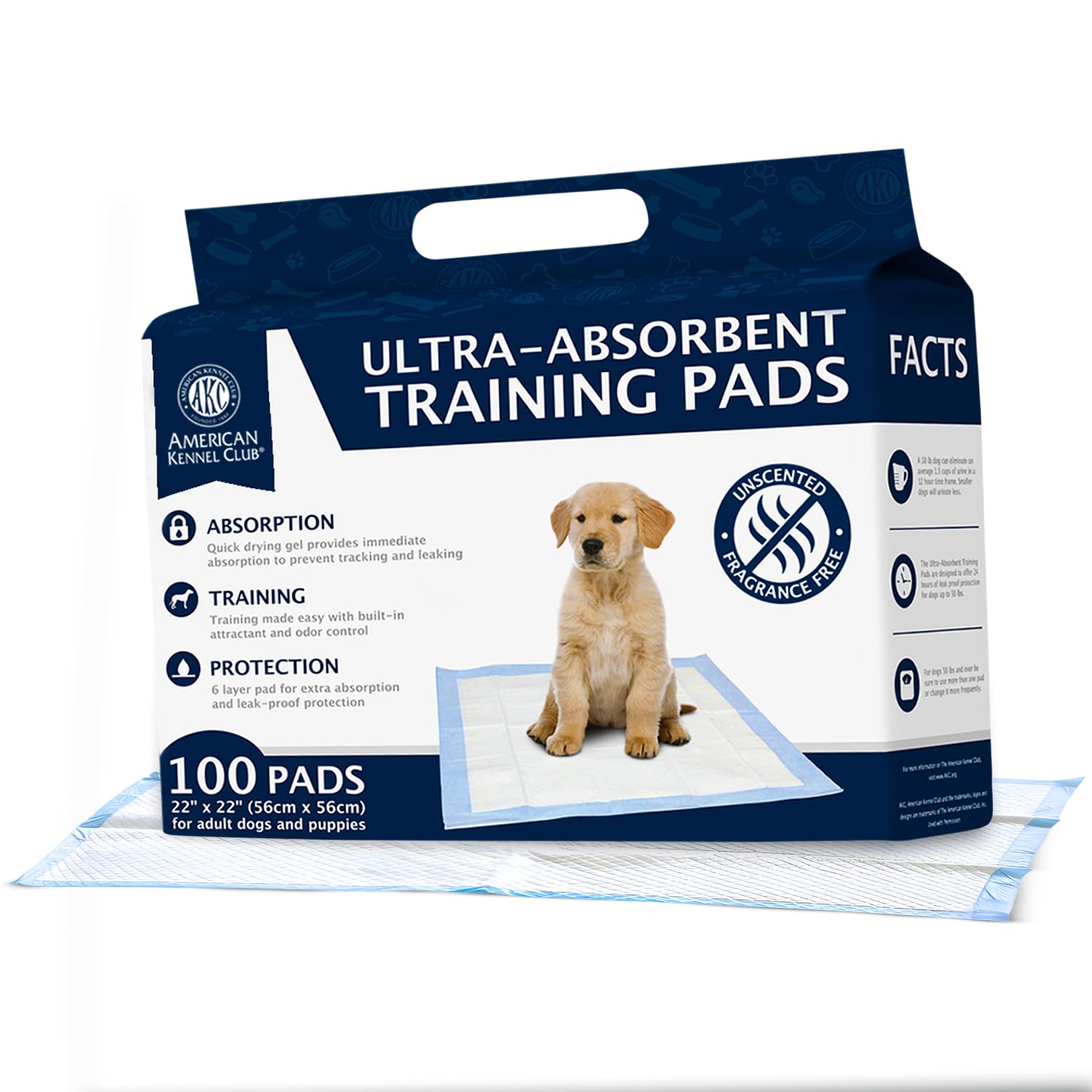 American Kennel Club Lot de 100 Tapis de Dressage pour Chiots avec Gel Ultra Absorbant à séchage Rapide - 22 x 22 Tapis hygiéniques pour Chiens (sans Parfum)