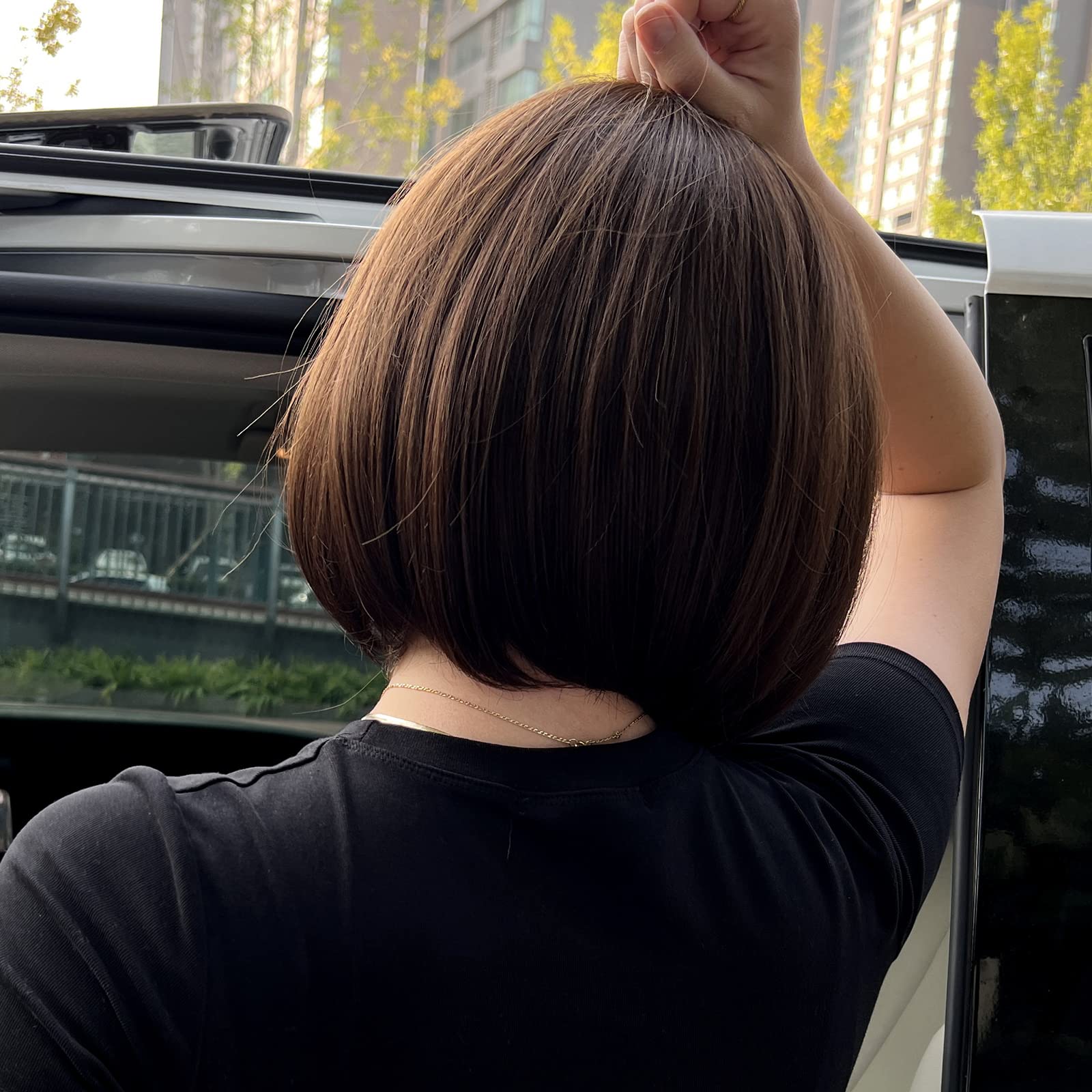 HAIRCUBE recto y corto encanto Bob lleva peluca para mujeres fiesta de fibra sintética resistente al calor natural/juego de roles/ropa/peluca diaria (Marrón)