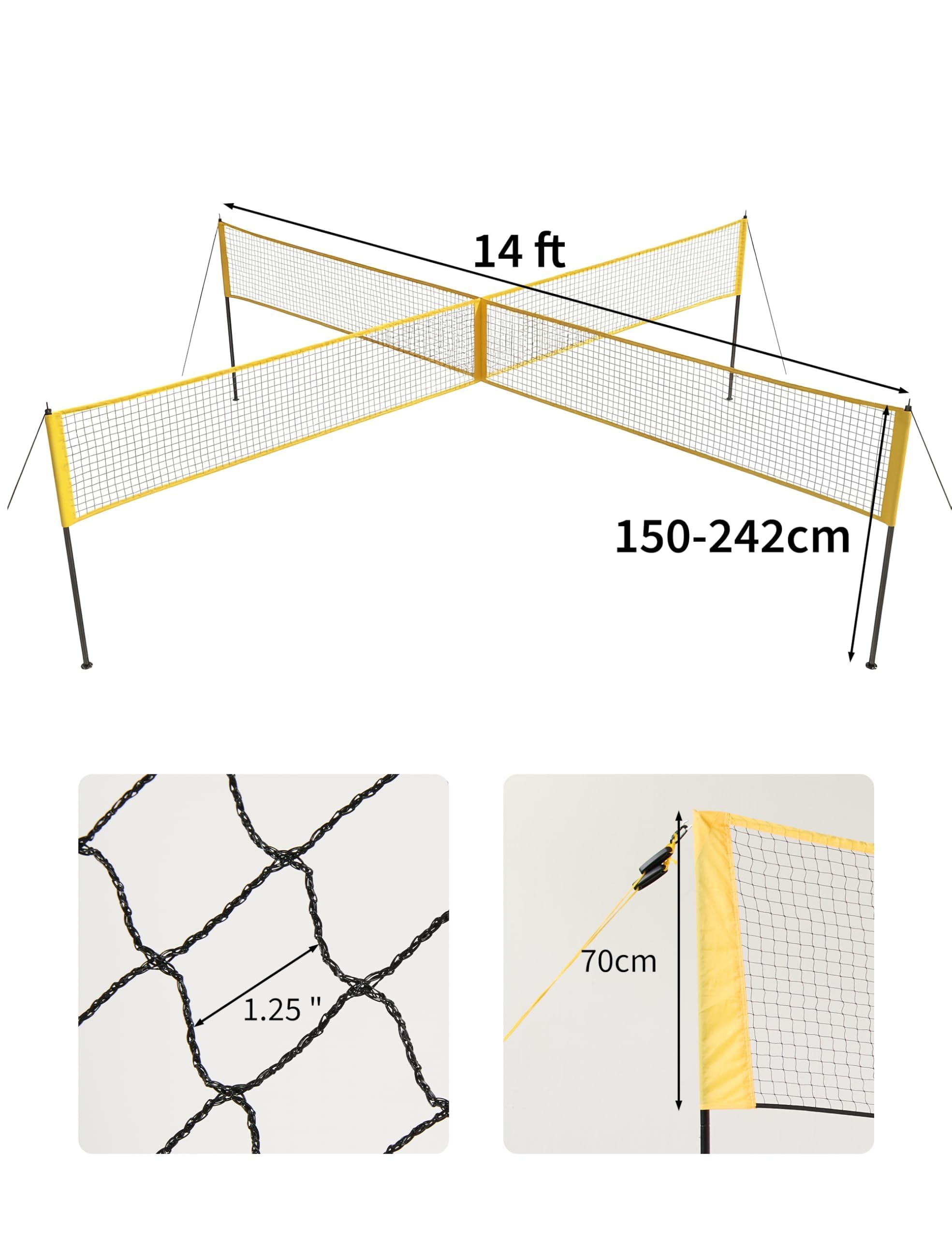 Aptliton Volleyballnetz Kreuz 4 Quadrate 4 Wege Größe 335 x 335 x 213 cm, 3 verstellbare Höhen, komplettes Kit mit Ball, Pumpe, Hammer und Tragetasche, wasserdichtes PE-Netz Anti-UV für Strand