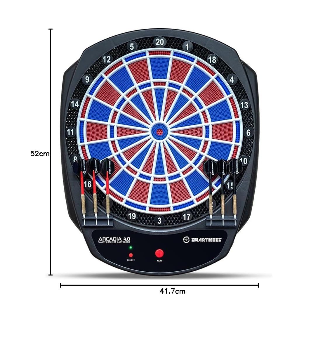 Carromco Smartness Arcadia 4.0 - Diana electrónica Profesional con aplicación, Rojo-Azul, para 1-8 Jugadores, Dardos Blandos, Cable USB, 17 Juegos y 312 Variantes (Incluido el críquet)