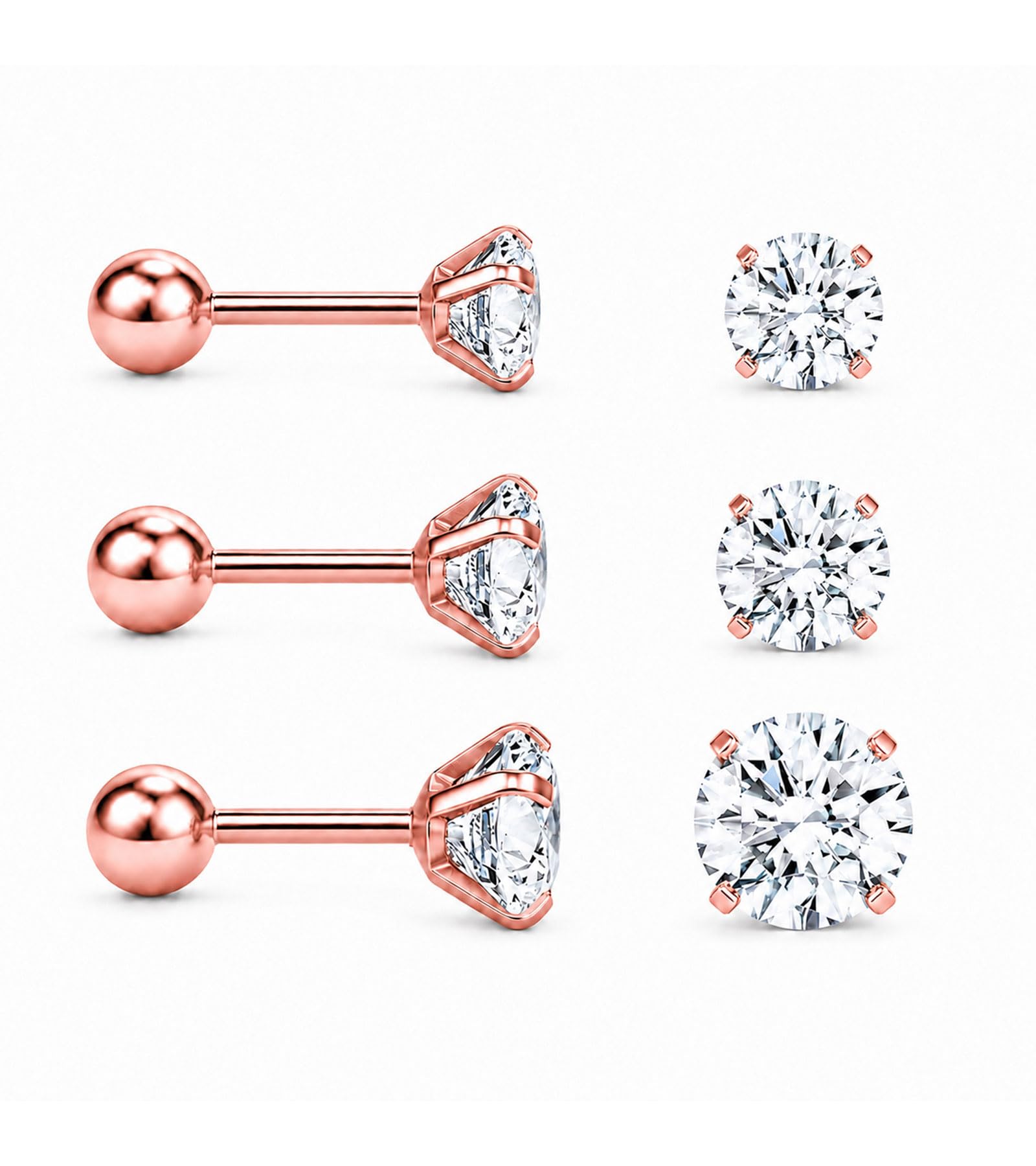 vama FASHIONS 18K Rose Gold Plated Stainless Steel Anti Tarnish Round CZ Stone Ear Stud Earrings 6 7 8mm Multiple Piercing Ball Back Screw Cartilage Studs Hypoallergenic Lightweight Earring For Mens-picture-13