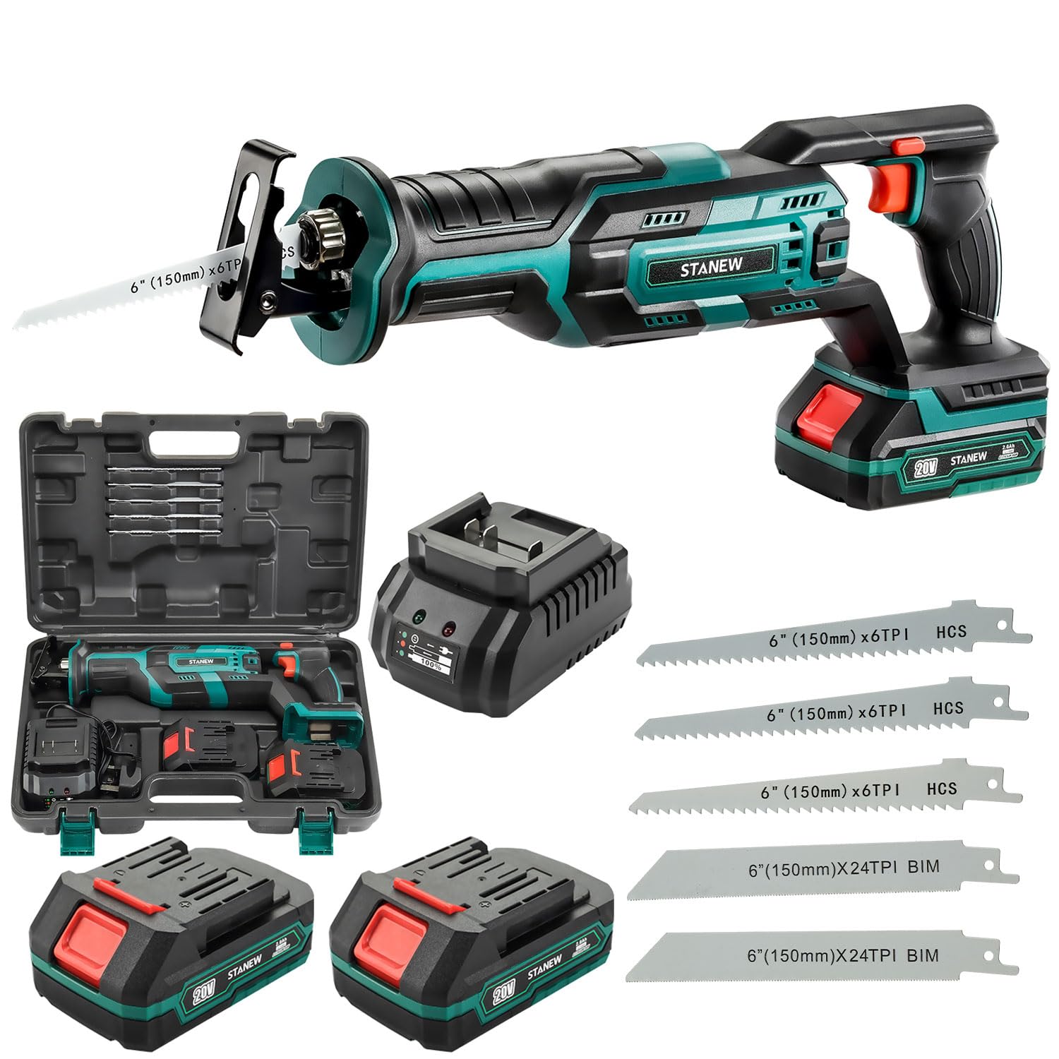 Scie Sabre Sans Fil, STANEW 20V Scie Sabre avec 2X2,0Ah Batterie, scie sabre Vitesses Réglables 0-3000SPM, 5 Lames de Scie,Idéal pour bois, métal, plastique, branches
