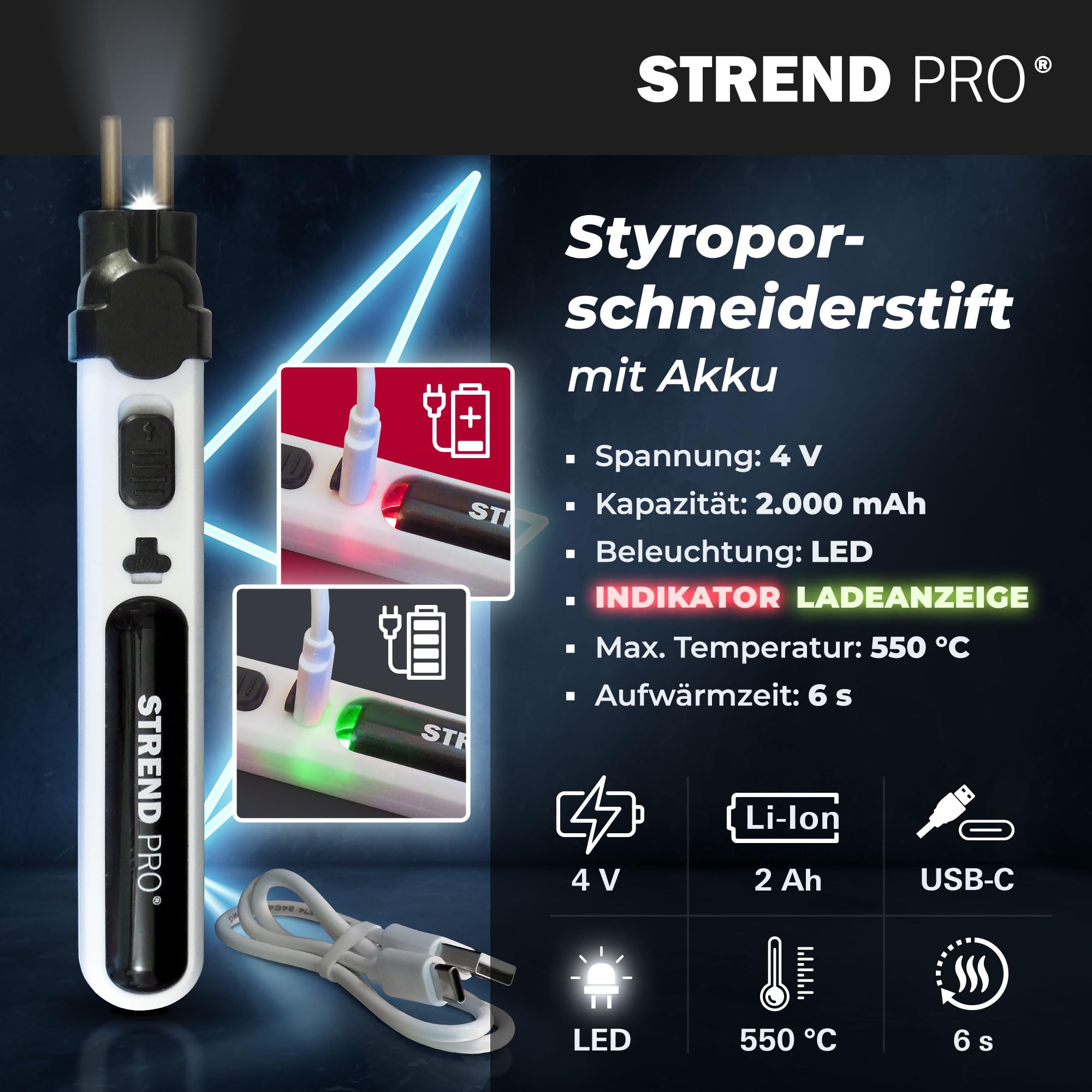 STREND PRO Styroporschneider heißdrahtschneider AKKU | 4-in1 Heißer Draht Styroporschneider 550°C für DIY-projekte | plastik koffer, USB-C, 10m Draht, messer adapters | Styropor schneider