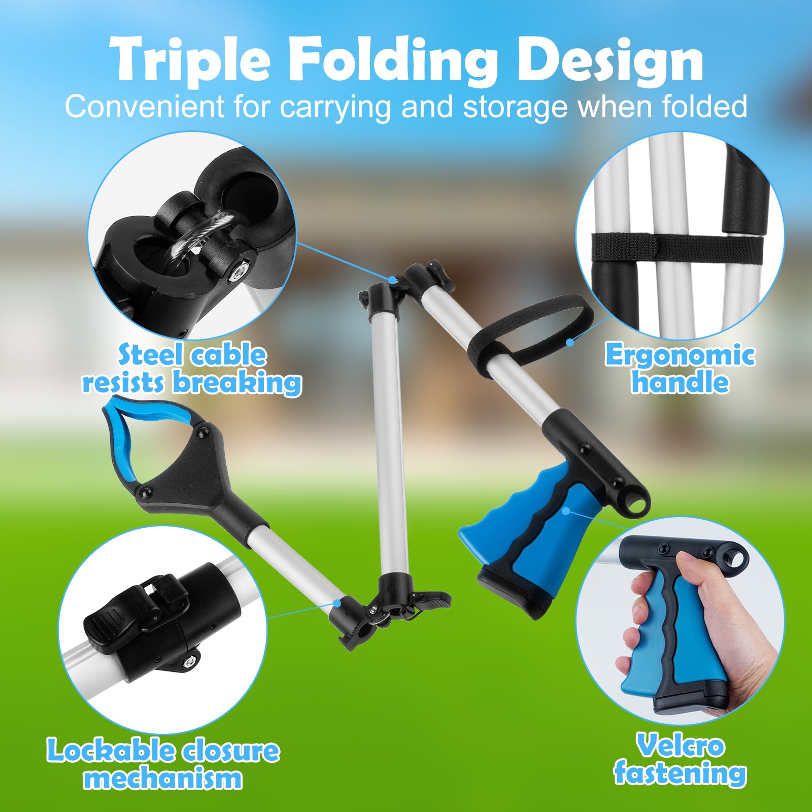 90 cm Pinza Recoge Objetos Plegable, Pinza Recoger Basura de Aluminio con Magnético, Herramienta de Captura con Cabezal Giratorio de 360°, Adecuado para Personas Mayores y Embarazadas, Azul — view 4