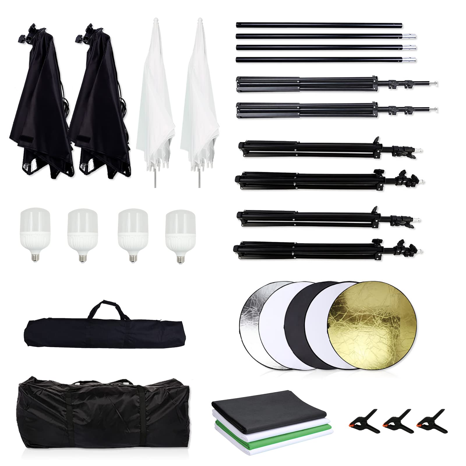 OUBO Profi Fotostudio Kit 4 x Schwarz 2 Weiß Grün Fotostudio Set mit 5in1 Reflektor 60cm Durchmesser Stativ Studiolampe Schutztasche