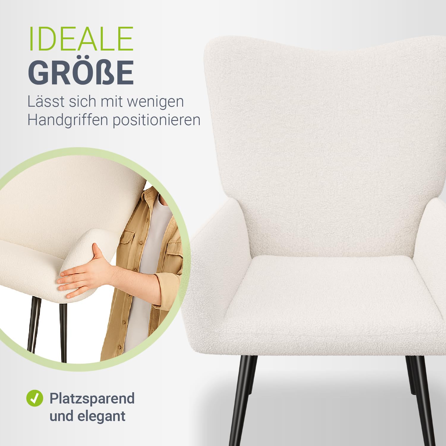 Juskys Ohrensessel Odense ohne Hocker, Relaxsessel mit Bouclé-Stoff, skandinavischer Stil, hoher Rücken & gepolstert, Stahlgestell – Beige