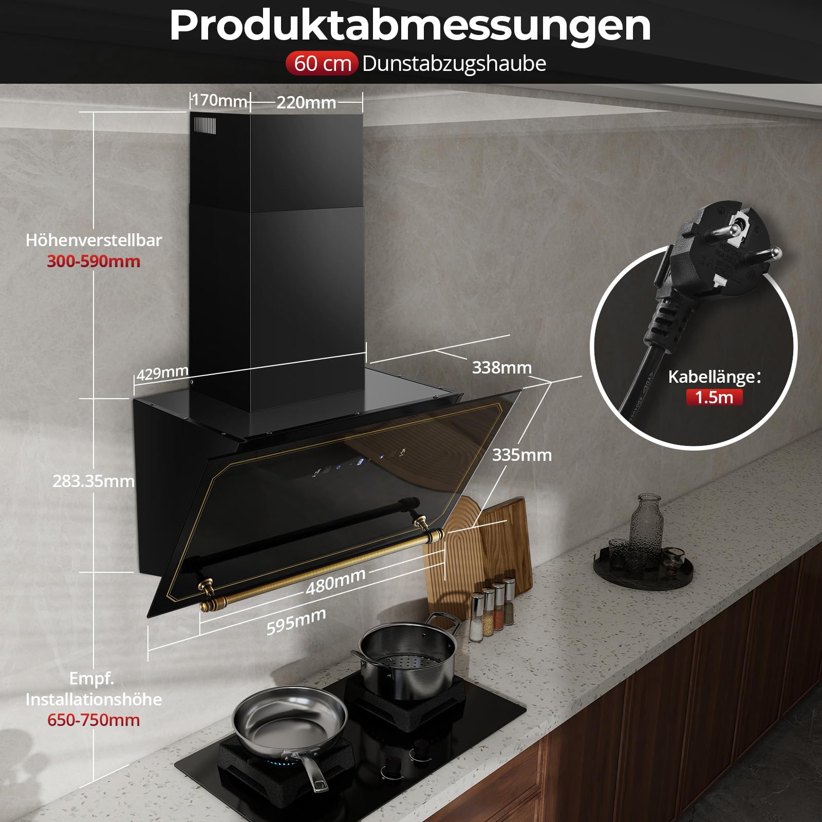 SNDOAS Okap kuchenny 60 cm, klasa efektywności energetycznej A++, strumień powietrza 400 m³/h, przepływ powietrza wylotowego/obiegowego z LED, 3 prędkości, ekran dotykowy, okap kuchenny montowany na