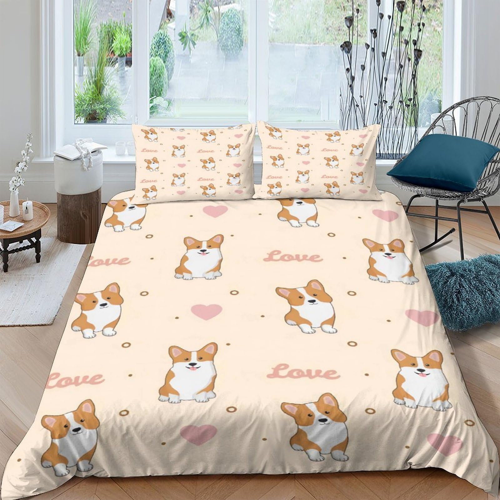 Ctjqhvkz Style-2 3D Printed Corgi Dog Fitted Sheet Microfiber Cute Heart Mattress Cover For Bedroom Guest Room Easy Care Anti-Slip Single（135X200cm）
