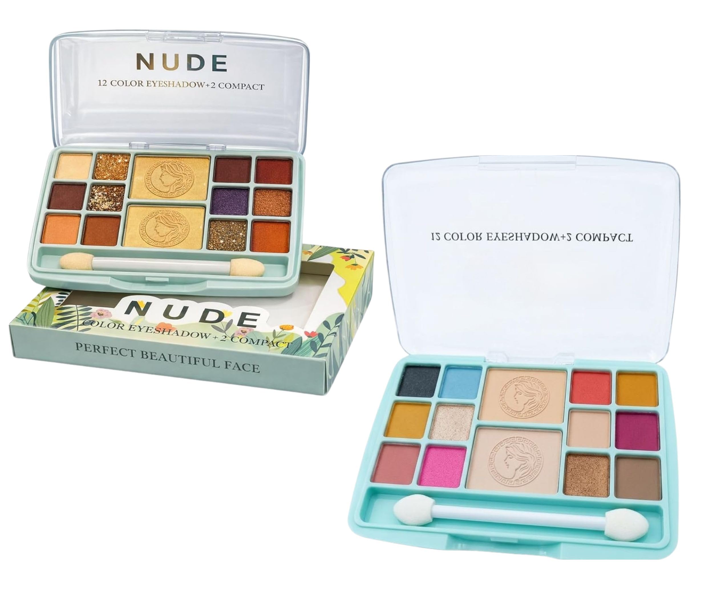 14-in-2 Makeup Palette Kit - 12 Vibrant Color Eyeshadows (Matte & Shimmer) + 2 Smooth Face Compact Powders Setting Kit | Eye & Face Cosmetic Palette with Dual Applicator Brush for Women-image-41