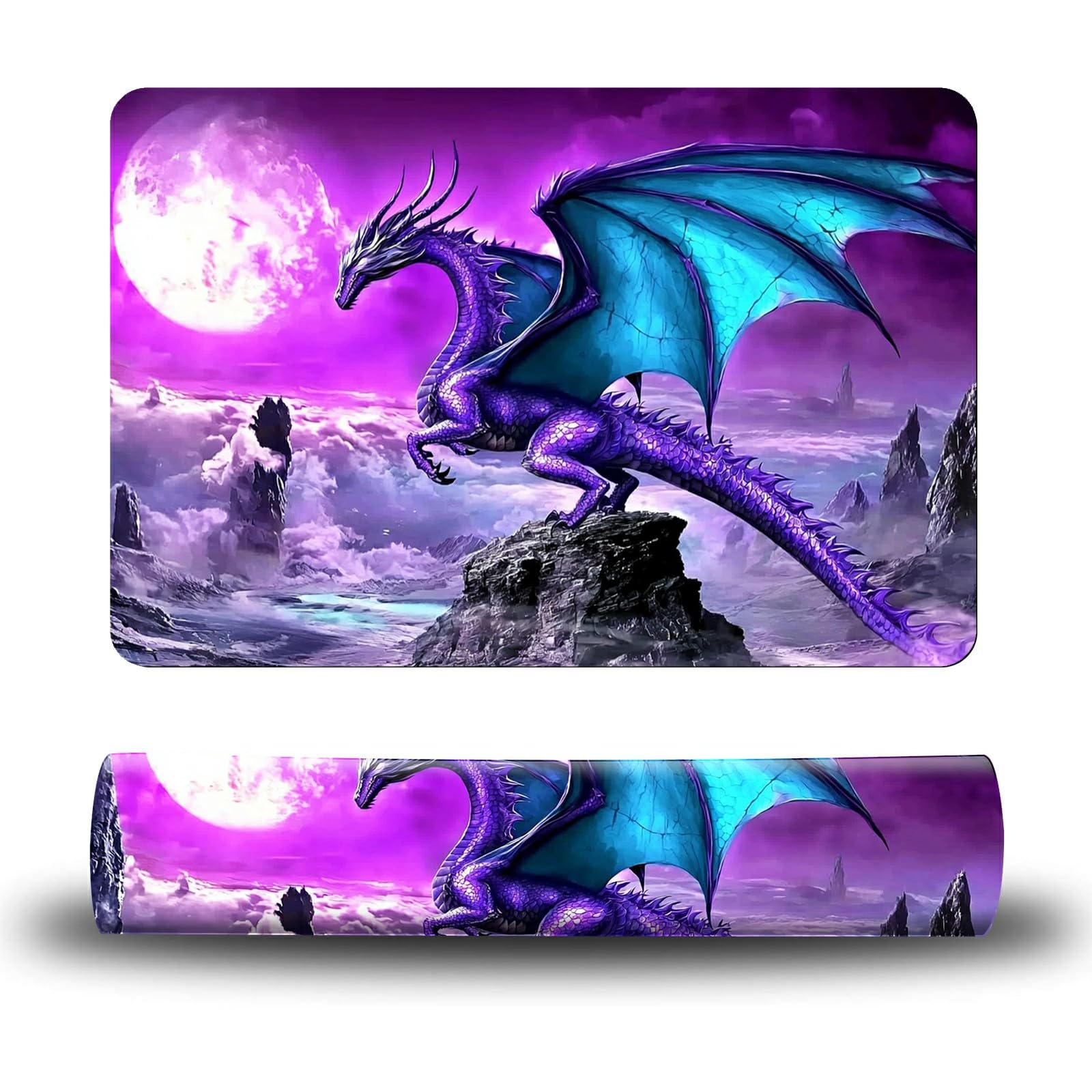 Dikoer Dog Food Mat, 15.7" x 23.6" Absorbent Pet Feeding Mat for Food and Water, Waterproof Diatom Mud Pet Placemat with Non-Slip Rubber Backing, Cat Bowl Mat for Floors - Purple Moon Dragon