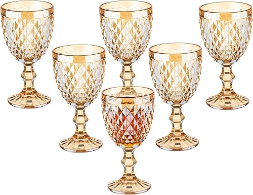 Juego de 6 copas de vino vintage de 10 onzas copas de agua de vidrio de colores patrón único en relieve de alta calidad cristalería de tallo
