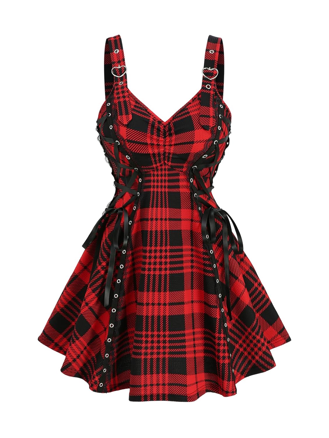 DRESSFO Plaid Printed Ruched Grommets Lace-up Heart Buckle Lace Trim Tank Top