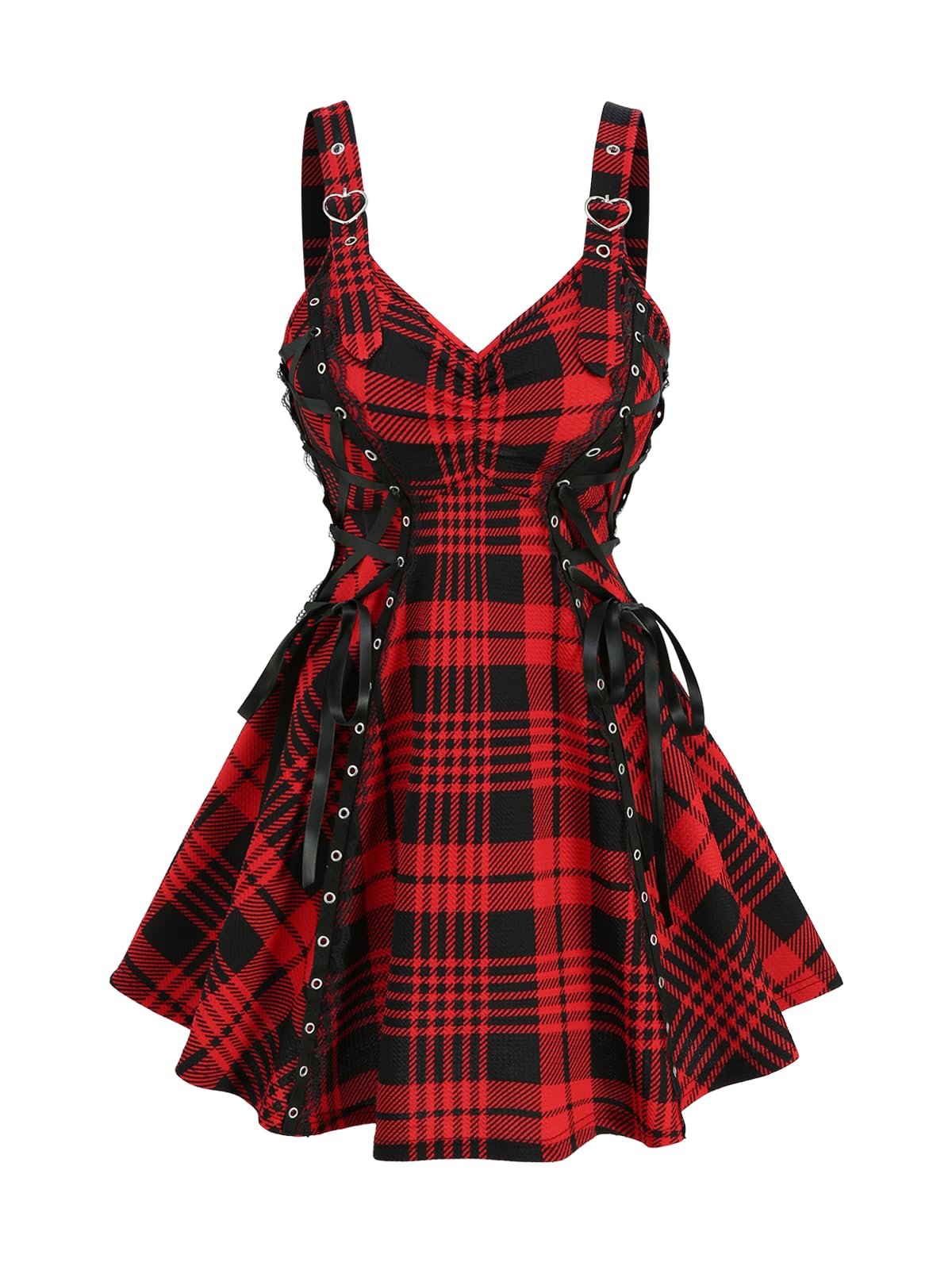 DRESSFO Plaid Printed Ruched Grommets Lace-up Heart Buckle Lace Trim Tank Top