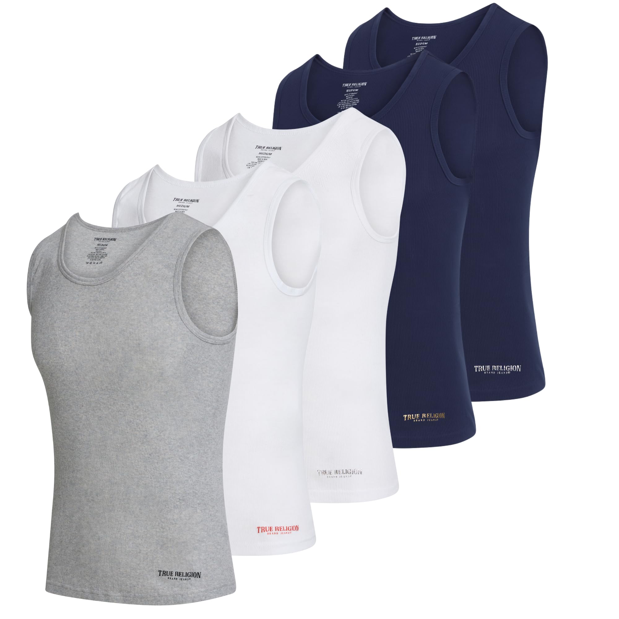 True Religion Lightweight Tank Tops for Men, 5 Pack Classic Ribbed Cotton Mens Undershirts