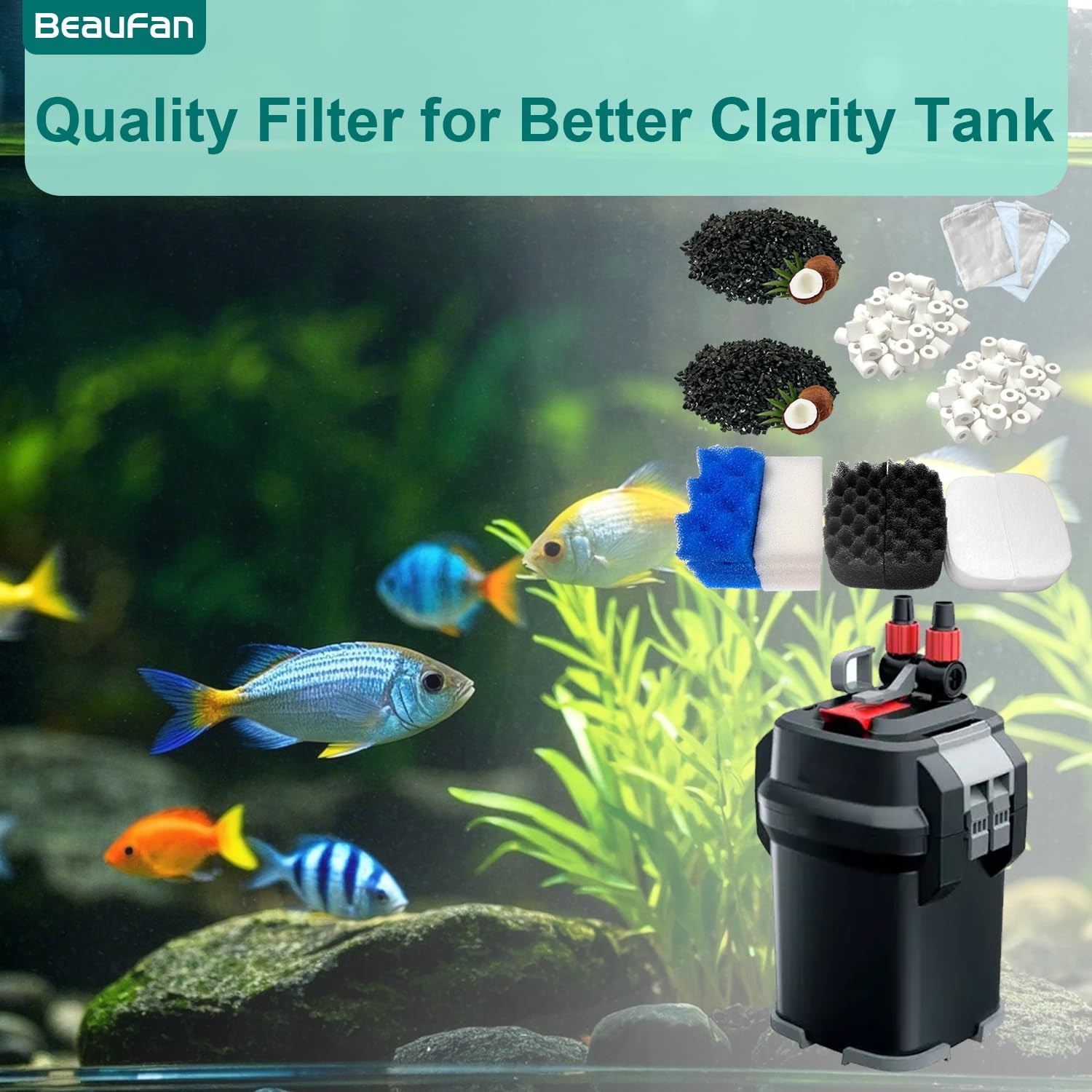 24 Sets Aquarium Replacement Media Maintenance Kit Compatible with Fluval 106 & 107 Canister Filters, Including Bio Sponge Filters, Activated Carbons, Ceramic Rings, Mesh Bags, Filter Pads