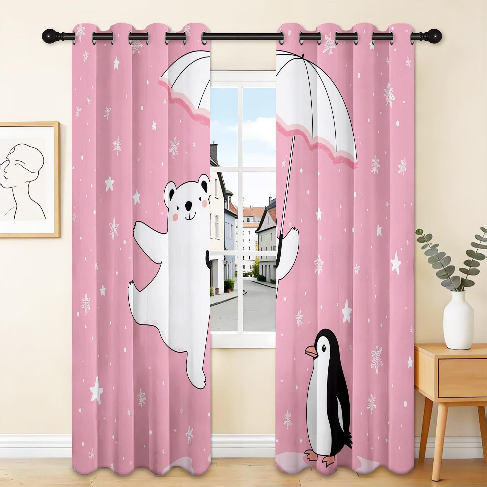 Cartoon Bear And Penguin Animals Blackout Curtains Eyelets Anti Light Curtain Blackout Curtain Thermal Insulation Curtains, For Living Room Bedroom, 2 Pieces, 140 x 175 cm, Pink