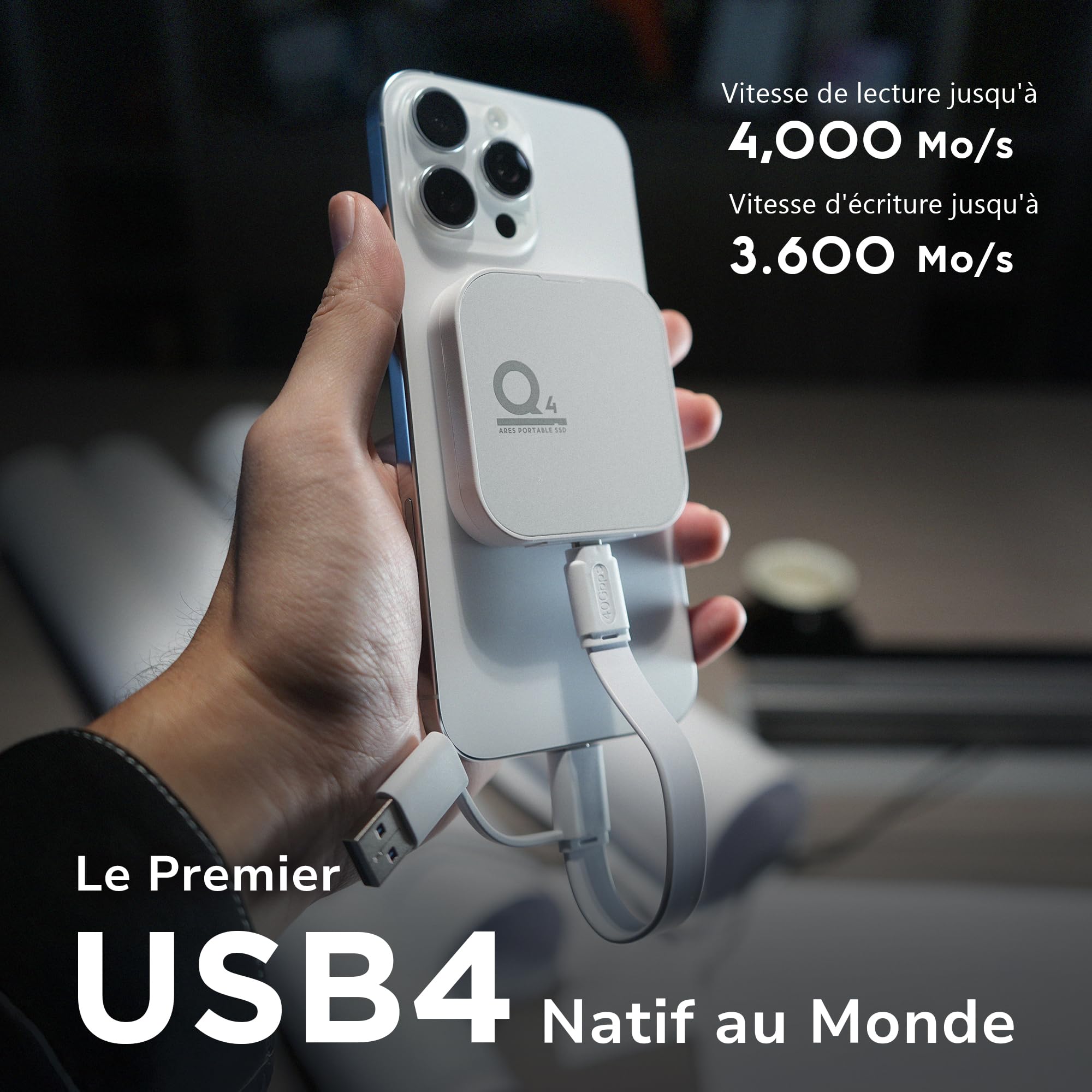 DATO SSD Externe Magnétique 2 to, USB 4.0 Gen 3x2 Jusqu’à 4000/3600 Mo/s, Type C 4K ProRes HDR, Compatible avec iPhone 15 & 16 Pro Max - ARES Q4 Série